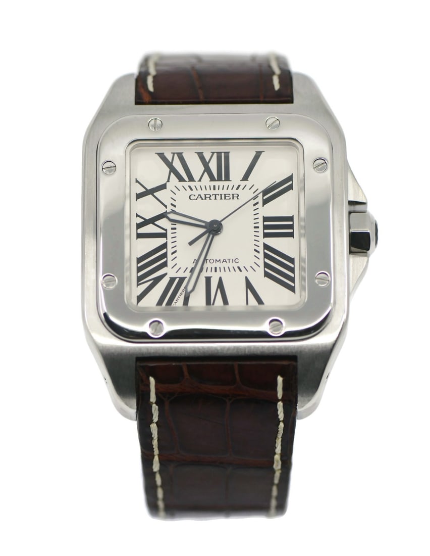 Cartier Santos 100 Automatic Stainless Steel Wristwatch W20073X8 with Box: Cartier Santos 100 Automatic Stainless Steel Wristwatch W20073X8 with Box The Cartier Santos 100 is a distinguished wristwatch featuring a stainless steel case and a white analog dial. This model is p