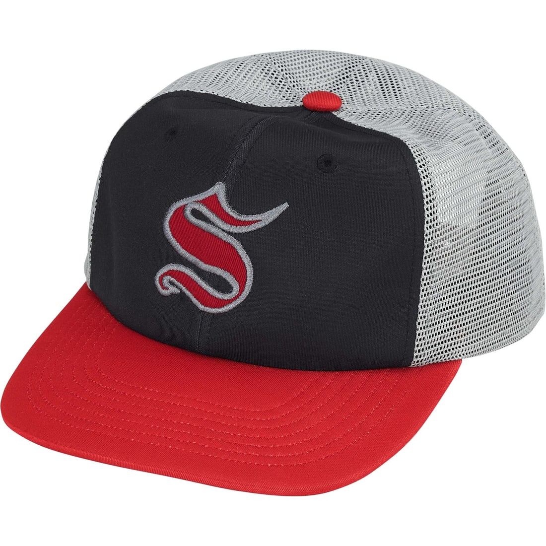 Mesh Back Six Panel Cap with Supreme Embroidered S Logo in Grey: Mesh Back Six Panel Cap with Supreme Embroidered S Logo in Grey This Supreme Contrast S Grey Mesh Back 6-Panel Hat features a classic streetwear design with Supreme's embroidered "S" logo on the front