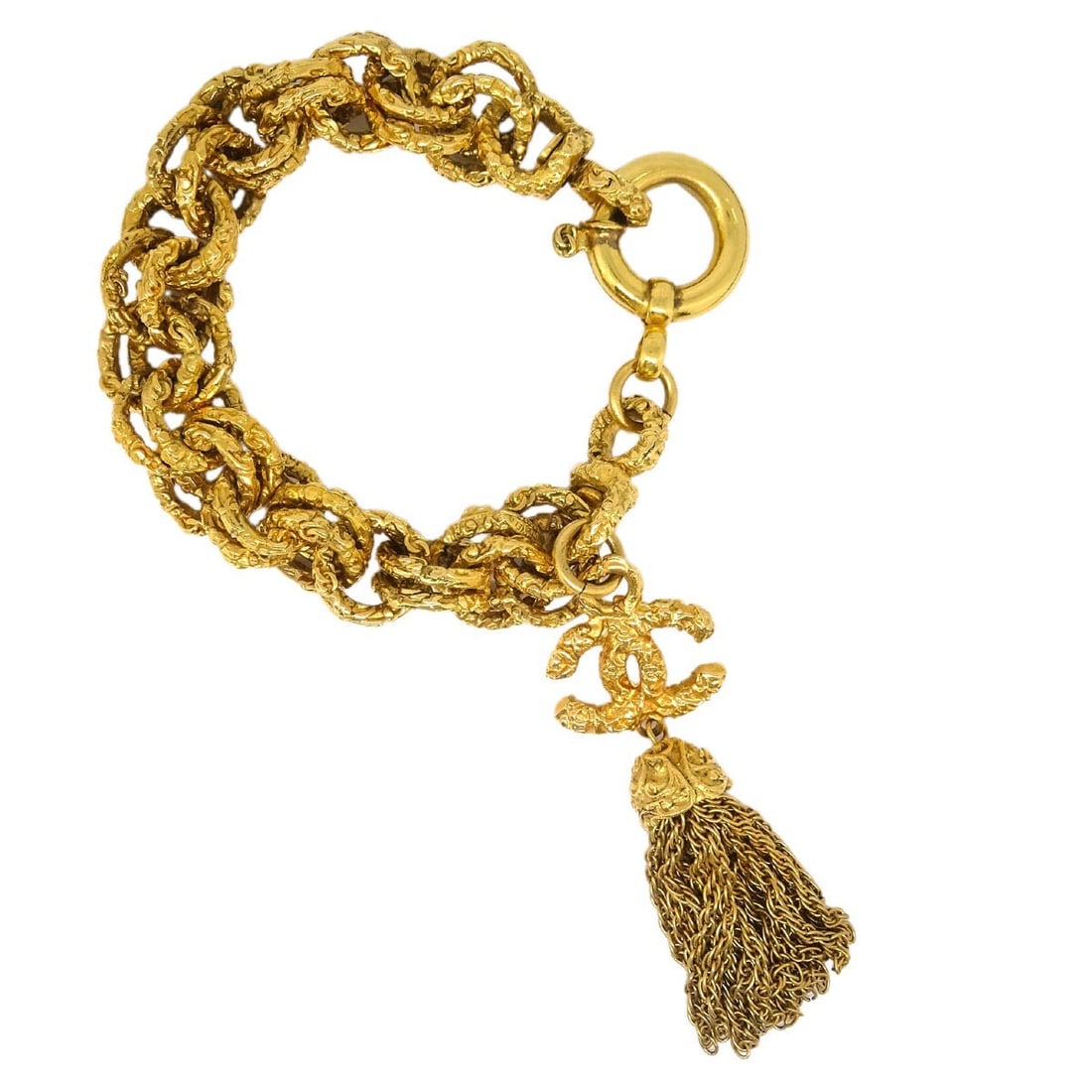Chanel CC Logo Gold-Plated Fringe Bracelet 93A: Chanel CC Logo Gold-Plated Fringe Bracelet 93A This exquisite Chanel bracelet features a stunning fringe design in a luxurious gold-plated finish. The bracelet is crafted with attention to detail, sho
