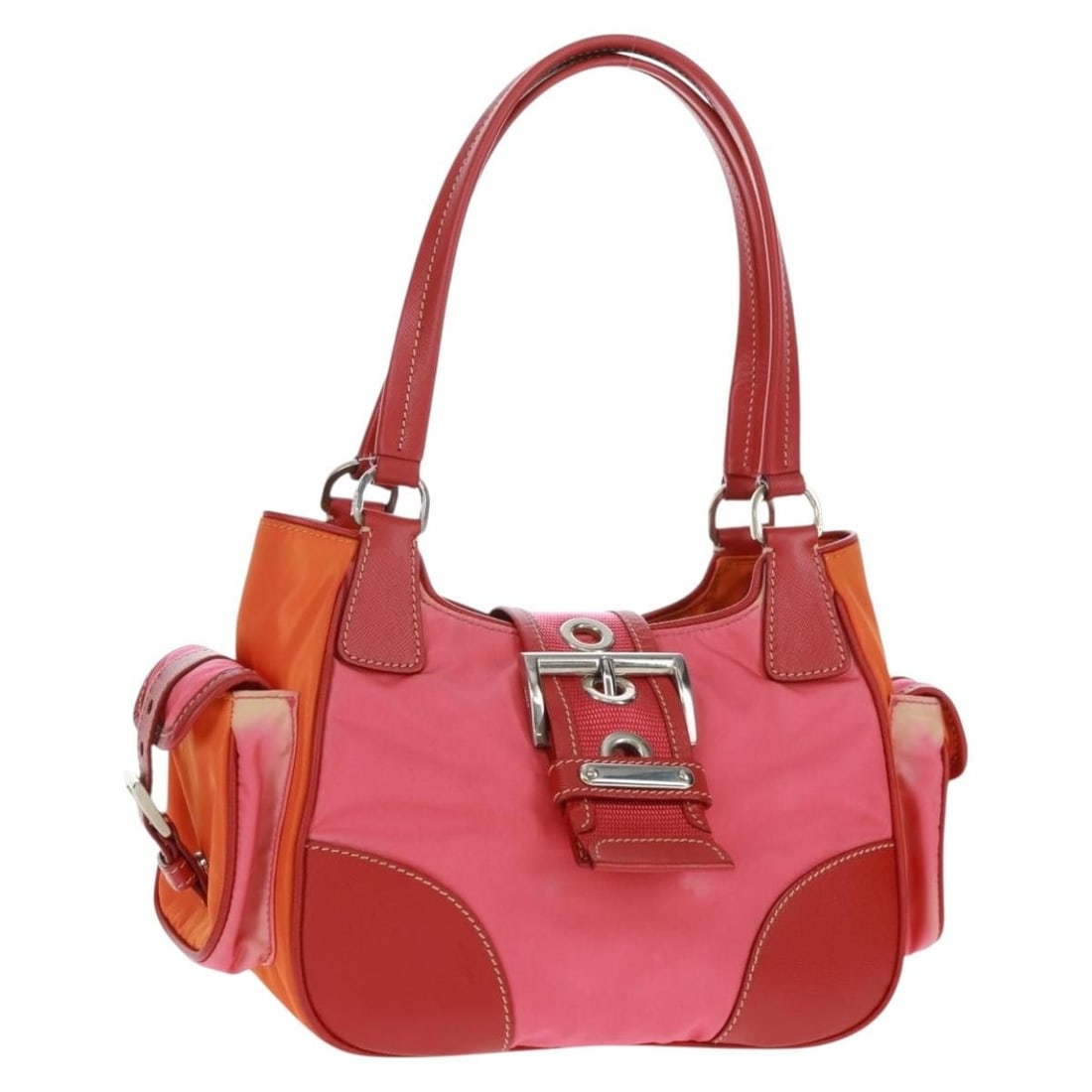 Pink Nylon Prada Handbag with Silver Accents and Leather Trim: Pink Nylon Prada Handbag with Silver Accents and Leather Trim This Prada handbag features a pink and silver nylon exterior with leather accents. Designed with a comfortable handle drop, it offers prac