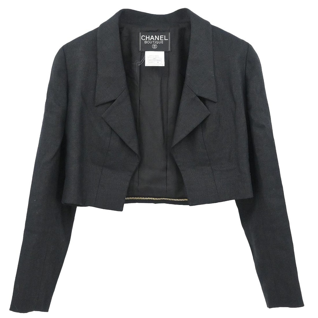 Chanel 95P Black Linen Mid-Length Single Breasted Jacket Size 38: Chanel 95P Black Linen Mid-Length Single Breasted Jacket Size 38 This Chanel single breasted jacket is crafted from 100% linen in a classic black color. The mid-length design features long sleeves and