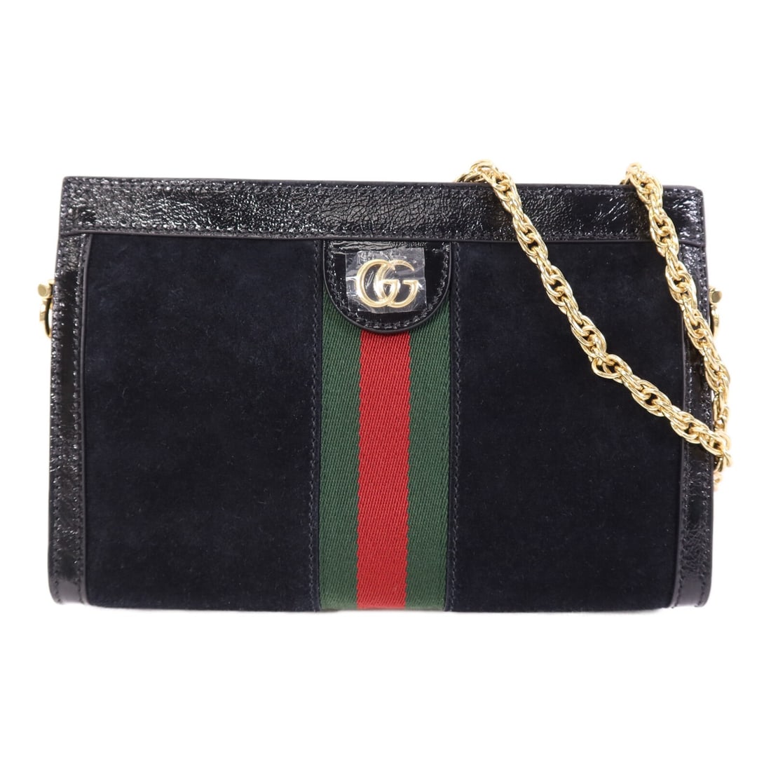 Gucci Ophidia Black Suede Chain Shoulder Bag with Gold Hardware: Gucci Ophidia Black Suede Chain Shoulder Bag with Gold Hardware This Gucci Ophidia GG chain shoulder bag features black suede leather with gold-tone hardware and a chain shoulder strap. The bag is cra