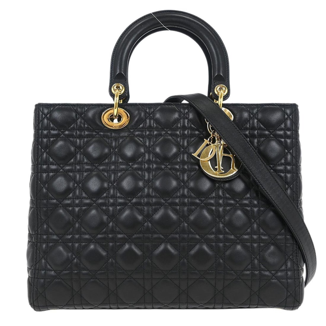 Christian Dior Black Lambskin Lady Dior Cannage 2way Satchel Handbag: Christian Dior Black Lambskin Lady Dior Cannage 2way Satchel Handbag Elevate your accessory collection with the Christian Dior Black Lambskin Lady Dior Cannage 2-way Handbag. This elegant handbag feat