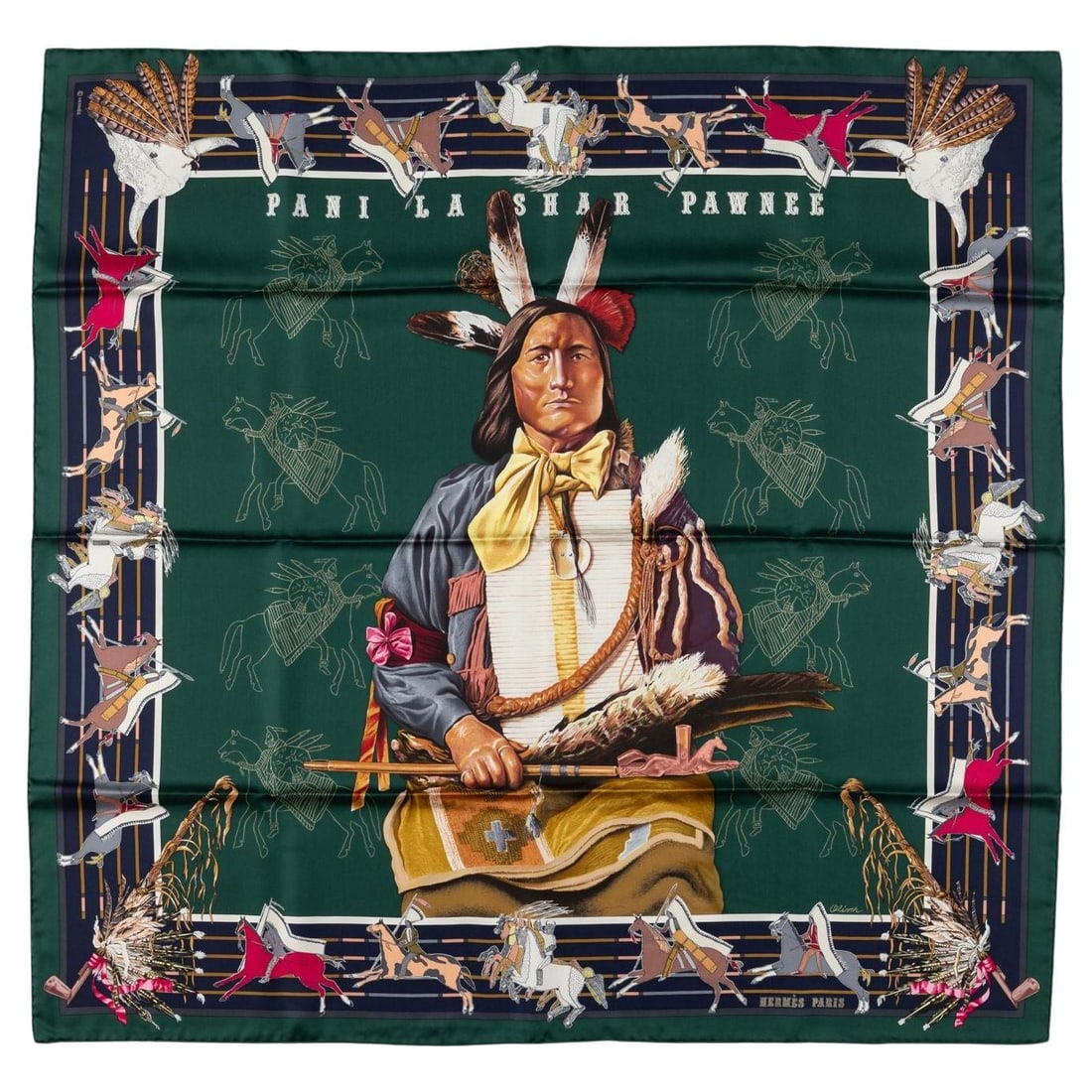 Hermes Pani la Shar Pawnee Scarf by Kermit Oliver 35in Silk Twill: Hermes Pani la Shar Pawnee Scarf by Kermit Oliver 35in Silk Twill This exquisite Hermes "Pani la Shar Pawnee" scarf features a stunning design by renowned Texas painter Kermit Oliver. Crafted from lux