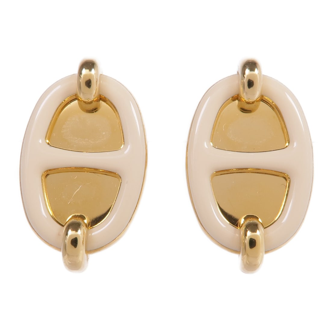 Mini Maillon Pierced Earrings by Hermes in White and Gold Tone Metal: Mini Maillon Pierced Earrings by Hermes in White and Gold Tone Metal These Hermes Mini Maillon pierced earrings feature a sleek white and gold-toned metal design. Made in France, these earrings are cr
