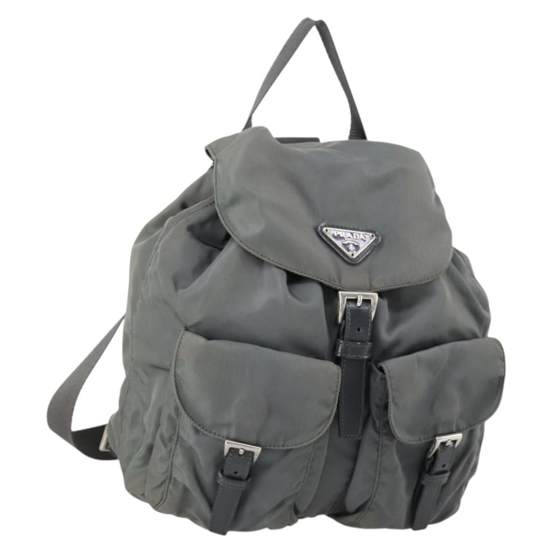 Prada Tessuto Nylon Gray Backpack with Dual Front Pockets: Prada Tessuto Nylon Gray Backpack with Dual Front Pockets This Prada Double Front Pocket Backpack is crafted from gray nylon and designed for unisex use. It features two front pockets for added functi