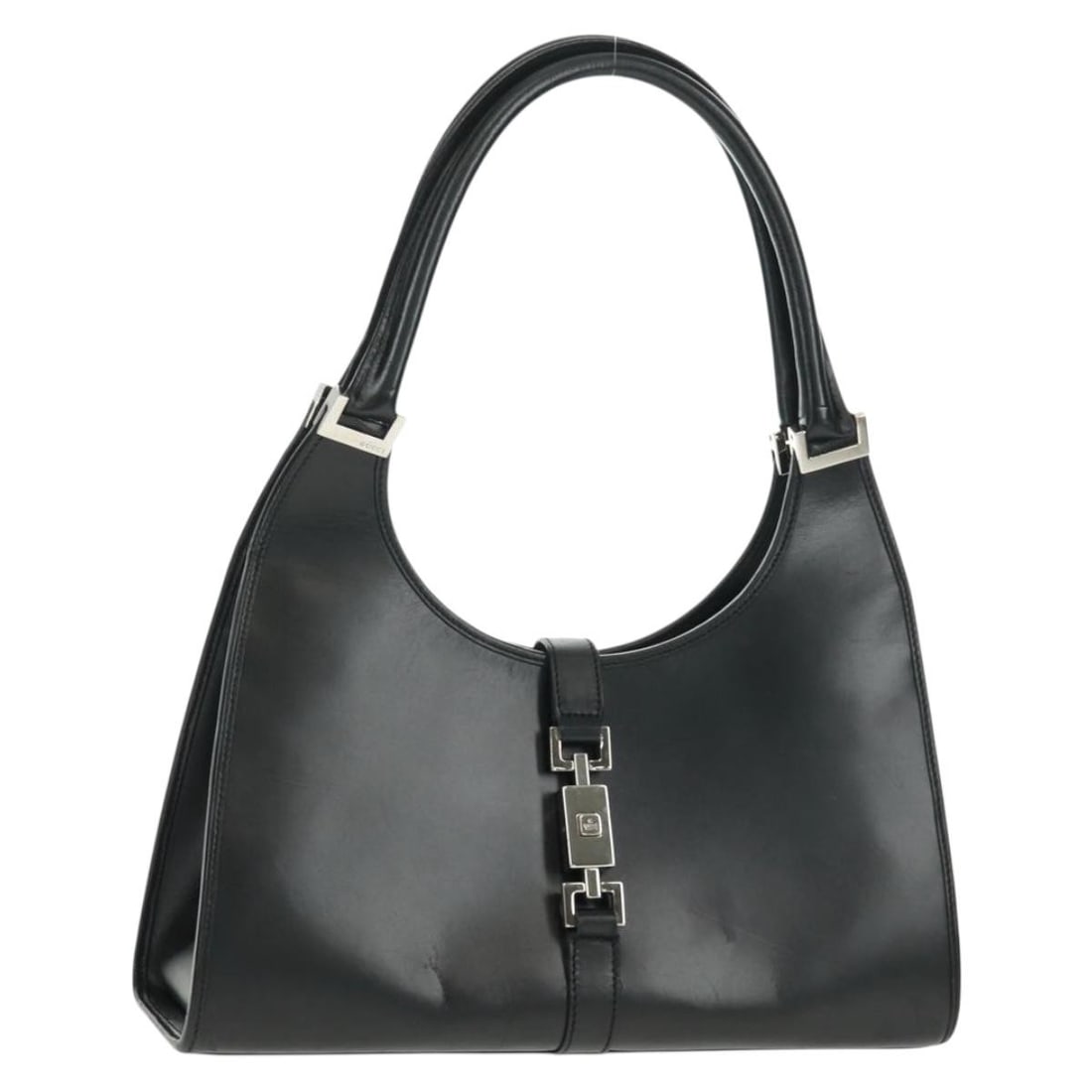 Black Leather Jackie Shoulder Bag by Gucci with Silver Hardware and Dust Bag: Black Leather Jackie Shoulder Bag by Gucci with Silver Hardware and Dust Bag This GUCCI Jackie shoulder bag features a sleek black leather exterior with silver-tone accents. Designed with a classic si