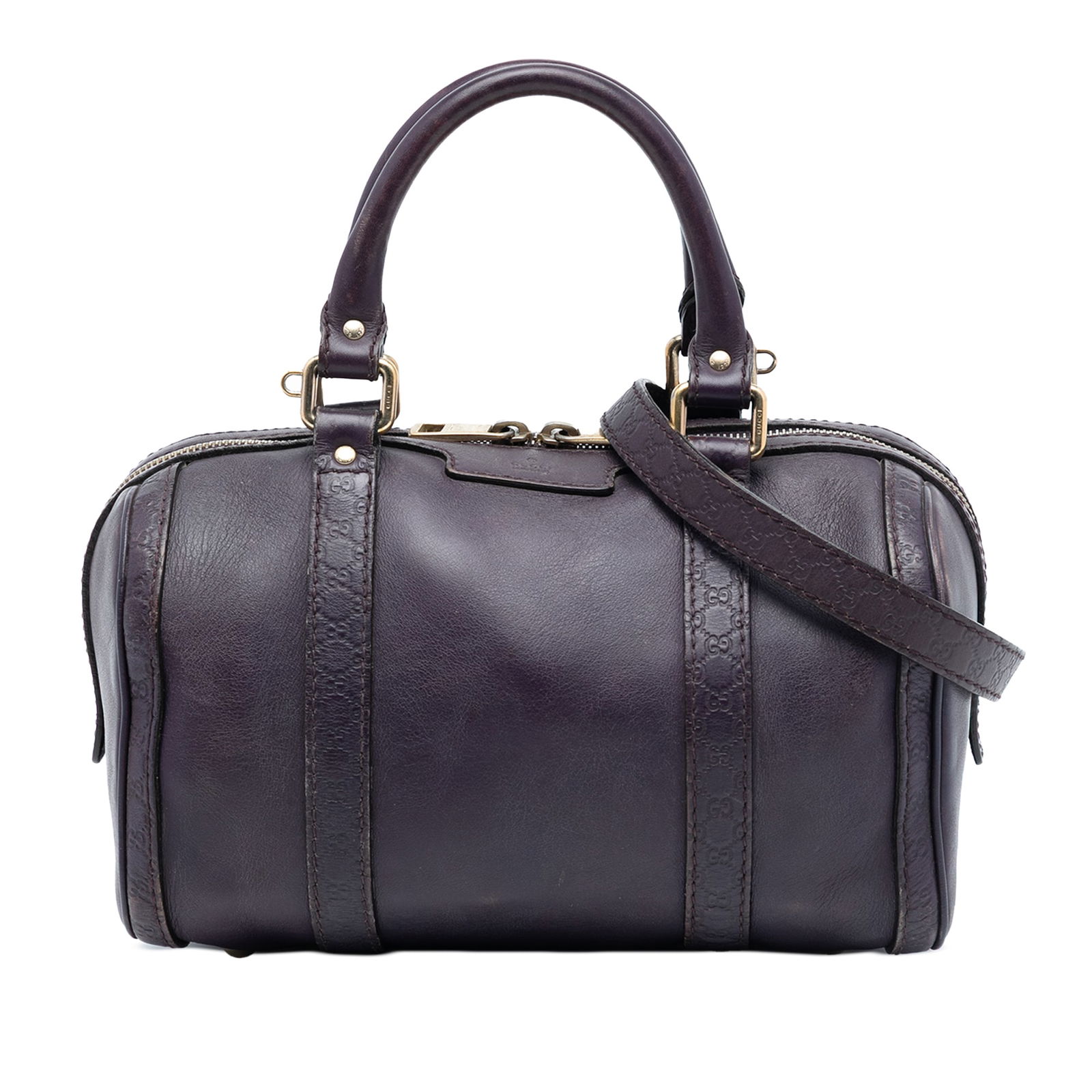Gucci Joy Boston Small Purple Leather Satchel with Embossed Trim: Gucci Joy Boston Small Purple Leather Satchel with Embossed Trim This satchel features a leather body with embossed leather trim, rolled leather handles, and a detachable flat leather shoulder strap.