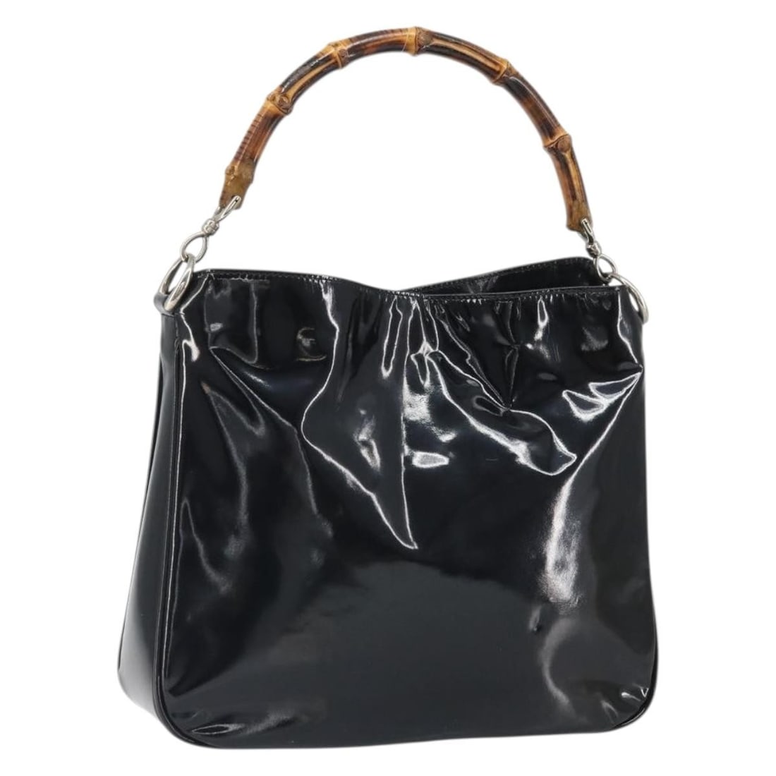 Black Patent Leather Bamboo Handle Gucci 001 2113 Handbag: Black Patent Leather Bamboo Handle Gucci 001 2113 Handbag This is a GUCCI Bamboo hand bag crafted from black patent leather with silver-tone accents. The bag features a structured silhouette with a ba