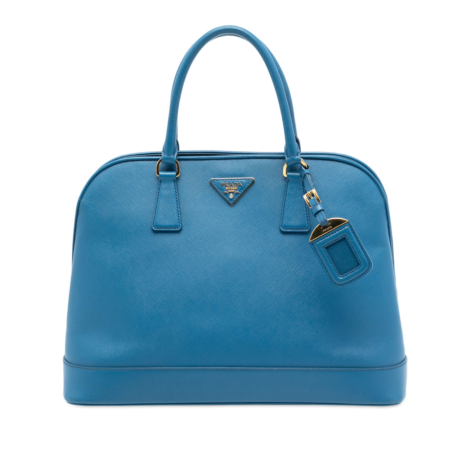 Prada Blue Saffiano Lux Leather Large Promenade Top Handle Satchel: Prada Blue Saffiano Lux Leather Large Promenade Top Handle Satchel This Prada Large Saffiano Lux Open Promenade Satchel features a blue saffiano lux leather body with rolled leather handles and a deta