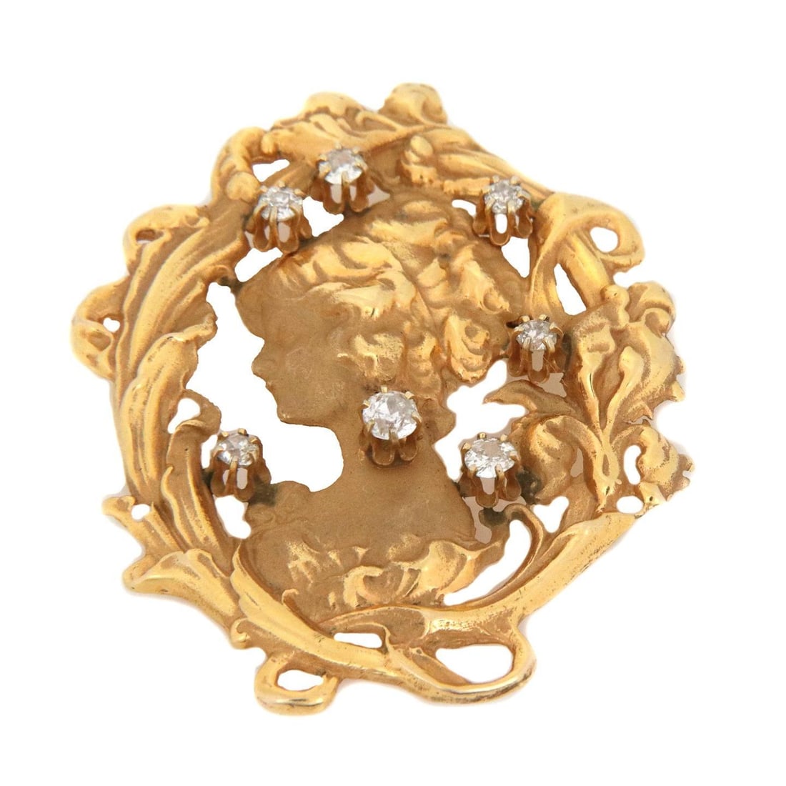 Art Nouveau 14k Yellow Gold Diamond Floral Woman Pendant Brooch: Art Nouveau 14k Yellow Gold Diamond Floral Woman Pendant Brooch This exquisite Art Nouveau pendant/brooch showcases a beautifully detailed sculpted upper body and head of a woman, elegantly framed by
