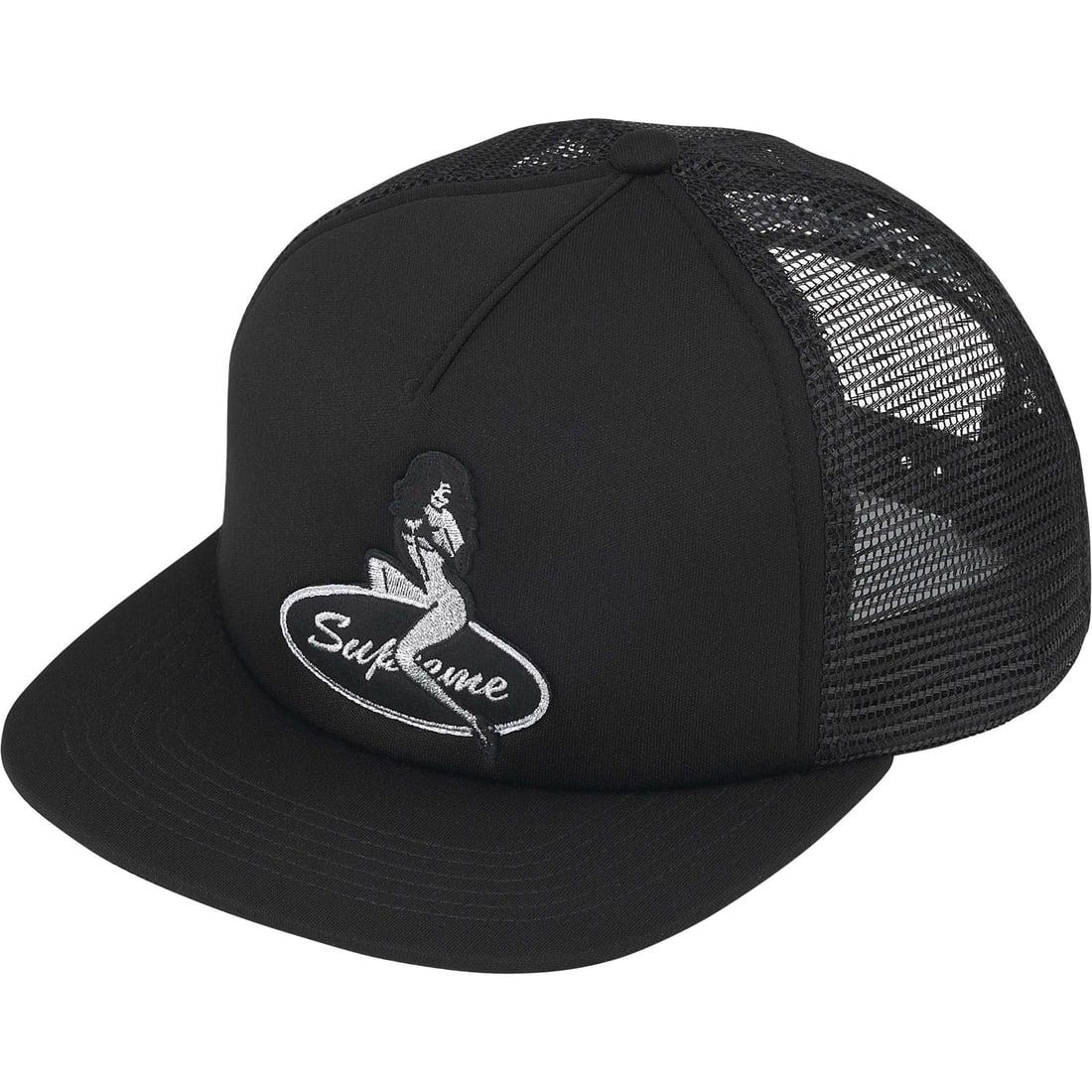 Black Mesh Back 5-Panel Cap with Supreme Pinup Design: Black Mesh Back 5-Panel Cap with Supreme Pinup Design This Supreme Pinup Mesh Back Black 5-Panel Hat features a durable construction with a breathable mesh back for comfort. The hat has a sleek black