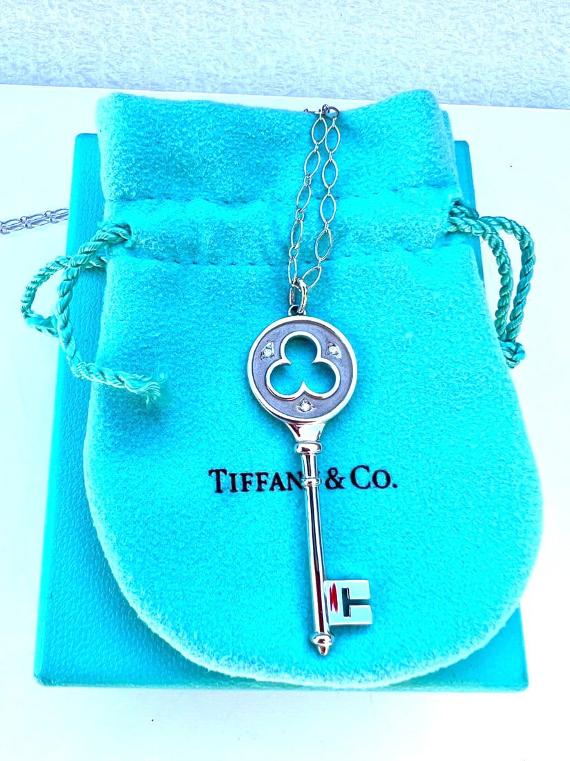 Tiffany & Co 18K White Gold Diamond Key Chain Necklace with Box (1 of 14)