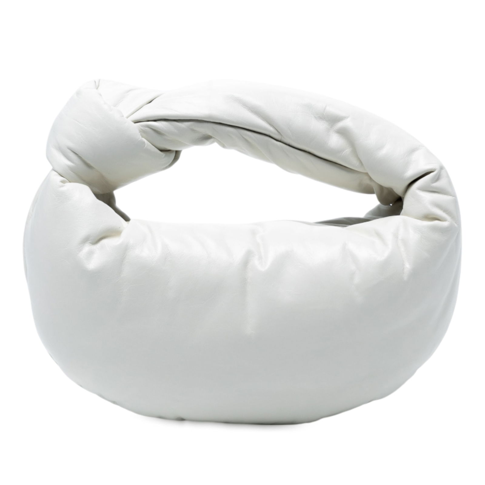 Bottega Veneta White Mini Nappa Puffy Jodie Bag: Bottega Veneta White Mini Nappa Puffy Jodie Bag Introducing the elegant Mini Nappa Puffy Jodie bag by Bottega Veneta, meticulously crafted in Italy. This stylish bag features a plush nappa leather bod