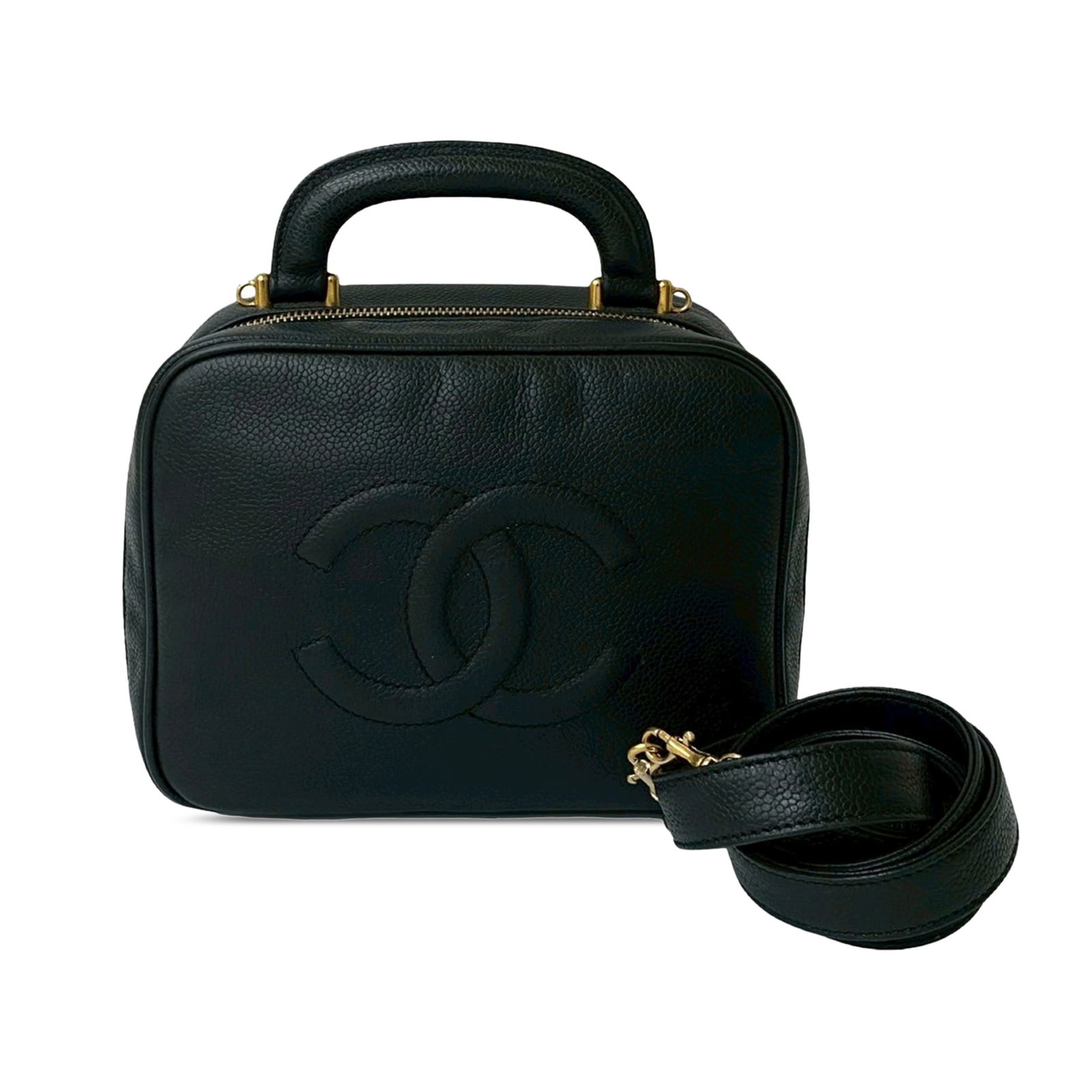 Chanel Black Caviar Leather Vanity Case with Top Handle: Chanel Black Caviar Leather Vanity Case with Top Handle This Chanel CC Caviar Vanity Case is crafted from black caviar leather and features a flat top handle and a zip-around closure. The bag has visi