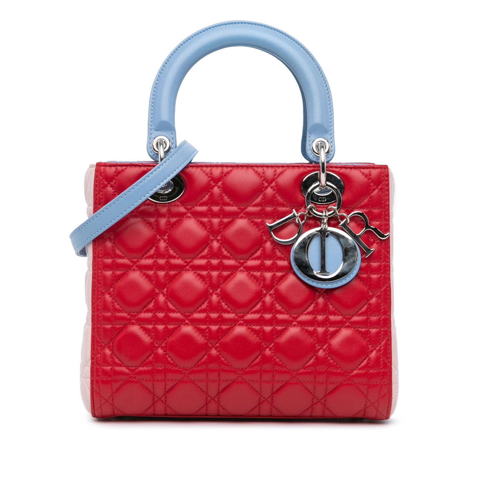 Dior Medium Tricolor Cannage Lambskin Lady Dior Bag Red: Dior Medium Tricolor Cannage Lambskin Lady Dior Bag Red This Medium Tricolor Lambskin Cannage Lady Dior bag is a luxurious accessory made from high-quality lambskin leather. It features a structured b