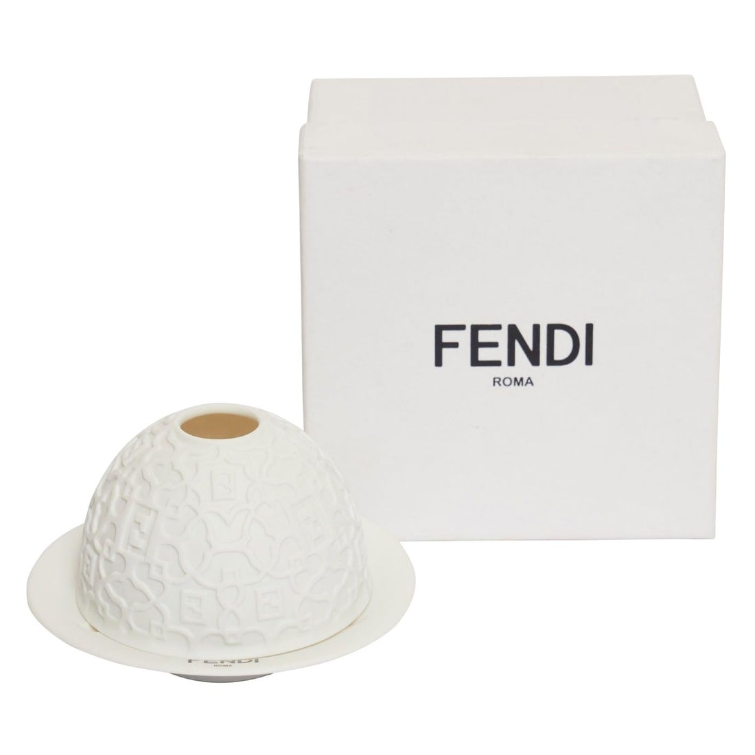 Fendi White Etched Ceramic Candle Holder Set 2 Pieces Italy: Fendi White Etched Ceramic Candle Holder Set 2 Pieces Italy Elevate your home decor with this stunning Fendi white ceramic candle holder set. Featuring a sleek, etched design, these candle holders are