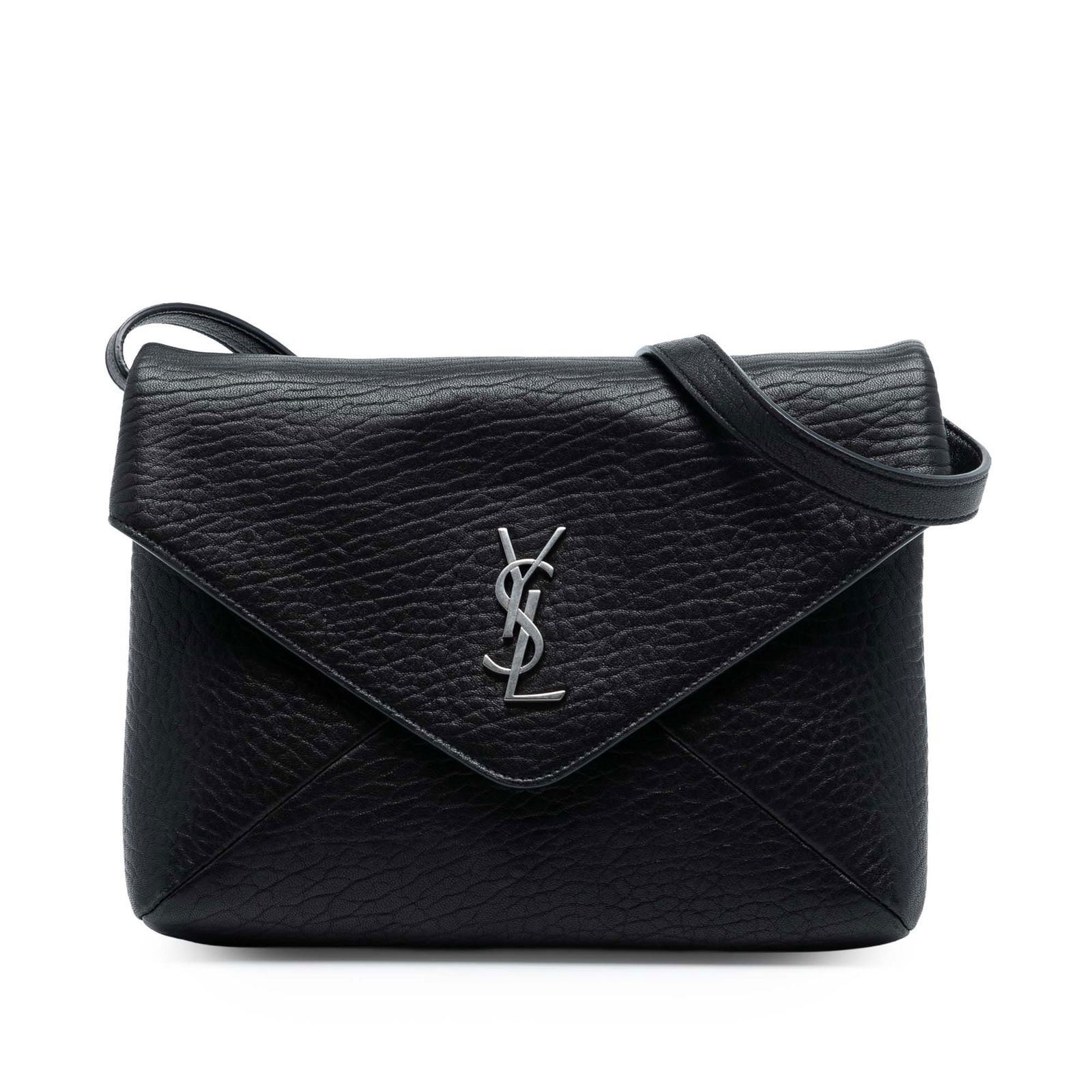Saint Laurent Cassandre Envelope Messenger Bag in Black Lambskin Leather: Saint Laurent Cassandre Envelope Messenger Bag in Black Lambskin Leather The Cassandre Envelope messenger bag by Saint Laurent features a black lambskin leather body with a front flap and magnetic sna