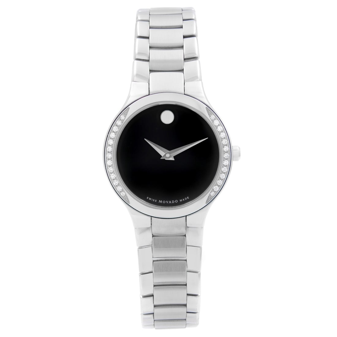 Movado Serio 26mm Quartz Ladies Watch Steel Diamond Bezel Black Dial 0606385: Movado Serio 26mm Quartz Ladies Watch Steel Diamond Bezel Black Dial 0606385 Discover elegance with the Movado Serio Ladies Watch, featuring a stunning 26mm stainless steel case complemented by a fixe