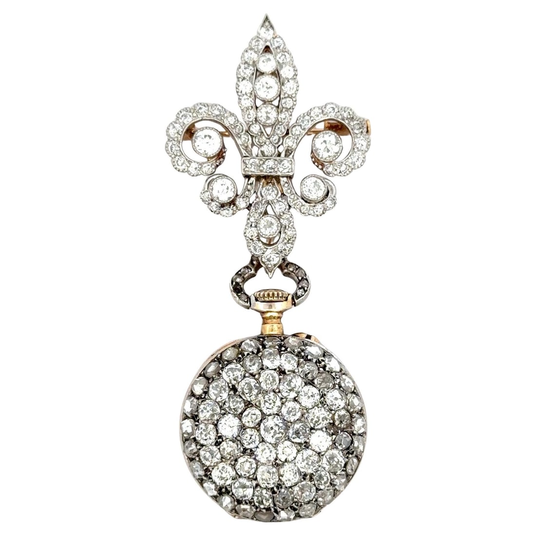 Art Deco French Platinum Watch Brooch Pendant With Fleur De Lis And 6.75ct Diamonds: Art Deco French Platinum Watch Brooch Pendant With Fleur De Lis And 6.75ct Diamonds Exquisite French Art Deco-era brooch crafted in platinum, featuring an elegant fleur-de-lis motif and a circular pav