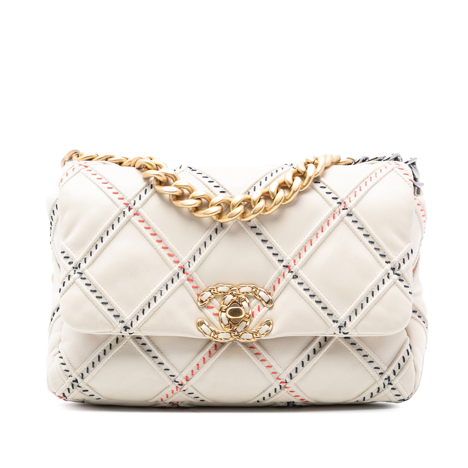 Chanel 19 Flap White Lambskin Leather Medium Shoulder Bag with Chain Handle (1 of 8)