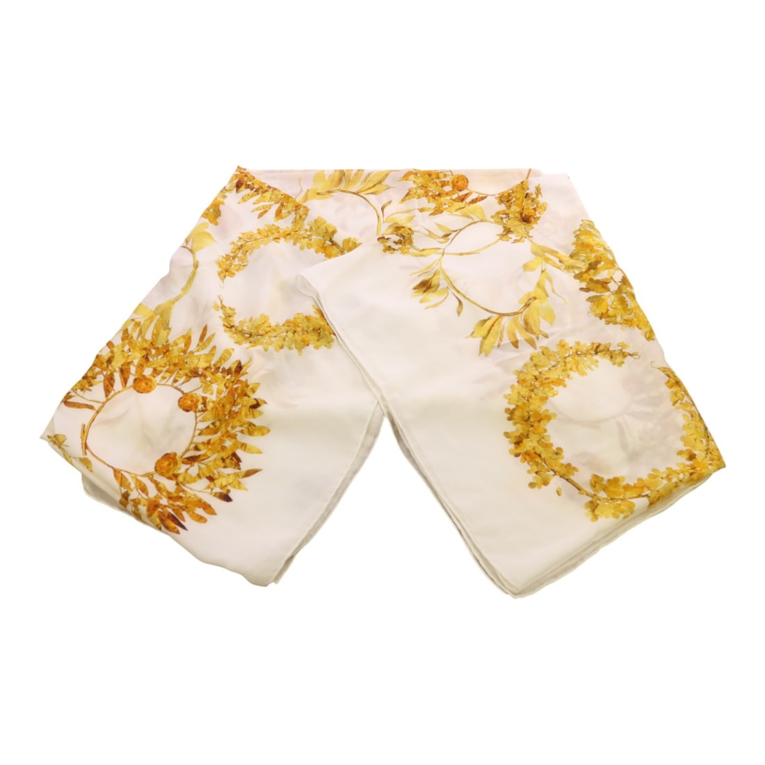 White and Orange Chanel Cotton Silk Scarf with Light Brown CC Motif: White and Orange Chanel Cotton Silk Scarf with Light Brown CC Motif This CHANEL scarf features a blend of cotton and silk in a stylish combination of white, orange, and light brown colors. Made in Fra