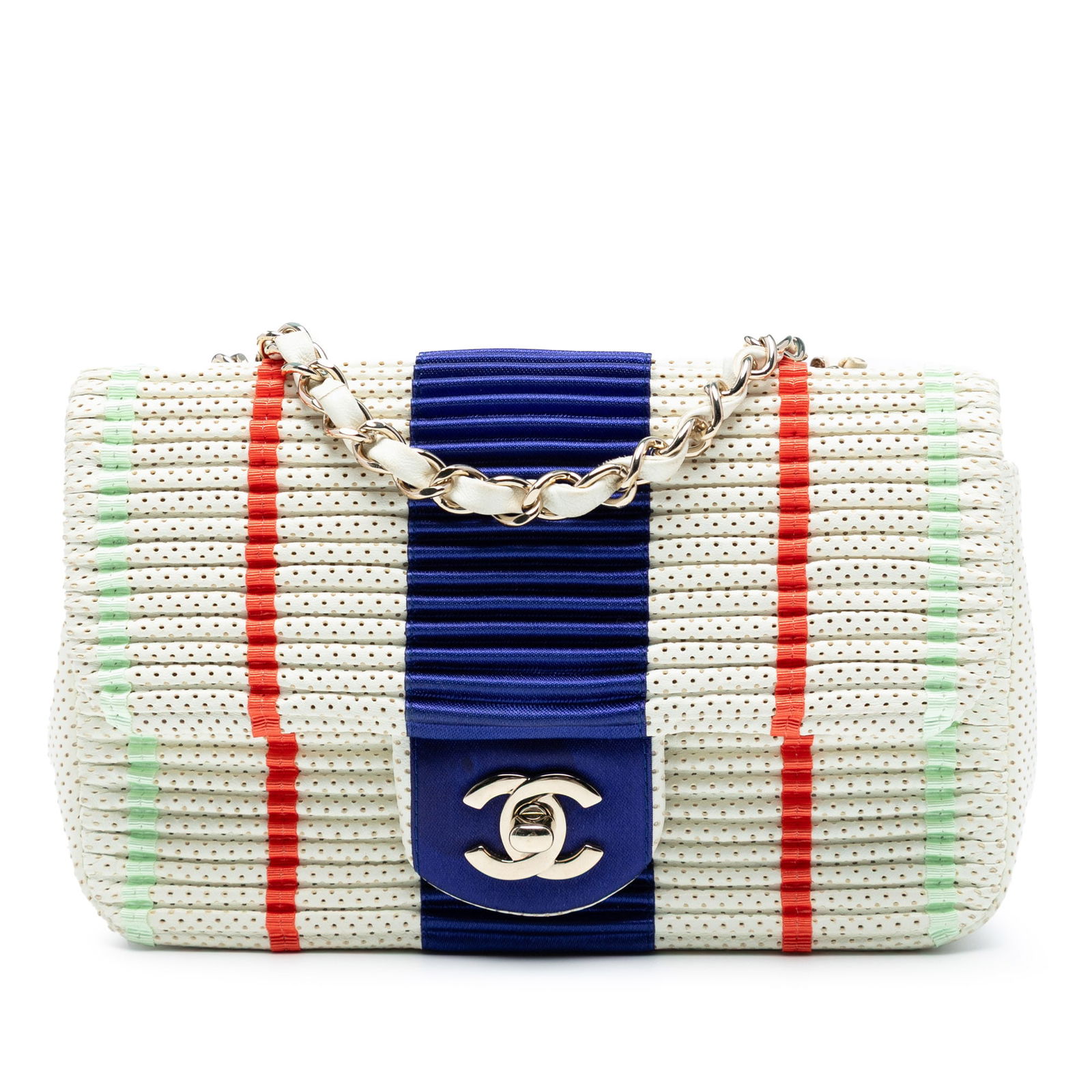 Chanel New Mini Pleated Lambskin Flap Bag White: Chanel New Mini Pleated Lambskin Flap Bag White This Chanel New Mini Pleated Perforated Lambskin Single Flap bag is a luxurious accessory crafted from perforated and quilted lambskin leather. It featu