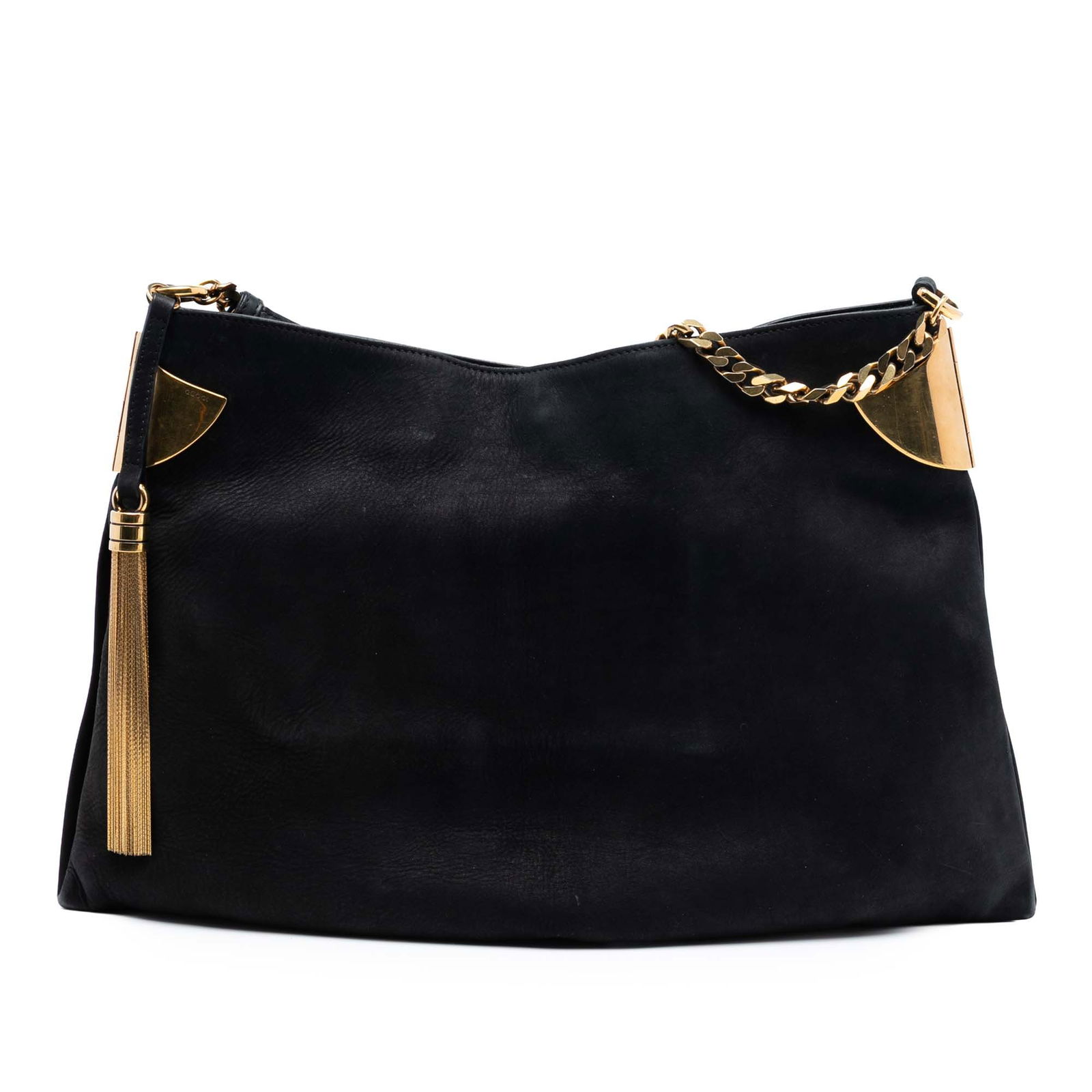 Gucci 1970 Medium Black Nubuck Leather Shoulder Bag with Tassel Accent: Gucci 1970 Medium Black Nubuck Leather Shoulder Bag with Tassel Accent This Gucci Medium Nubuck 1970 Shoulder Bag features a nubuck leather body with a tassel detail, a chain link strap with a leather