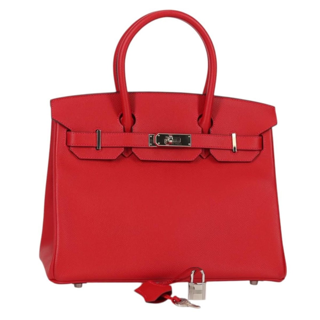 HERMES Birkin 30 Hand Bag Red Leather Silver Auth 134875M: HERMES Birkin 30 Hand Bag Red Leather Silver Auth 134875M Introducing the timeless HERMES Birkin 30 Hand Bag, a luxurious accessory crafted from premium leather. This stunning bag features a vibrant r