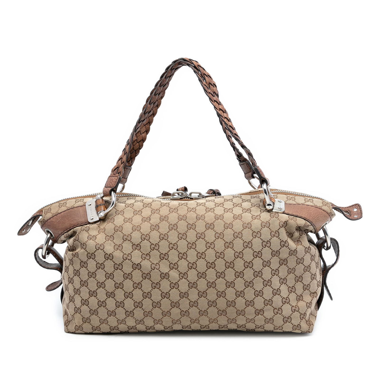 Gucci Bamboo Bar Medium Tote GG Canvas with Leather Trim: Gucci Bamboo Bar Medium Tote GG Canvas with Leather Trim This Gucci Medium GG Canvas Bamboo Bar Tote showcases a brown canvas body with leather trim, braided leather straps, and a top zip closure. The