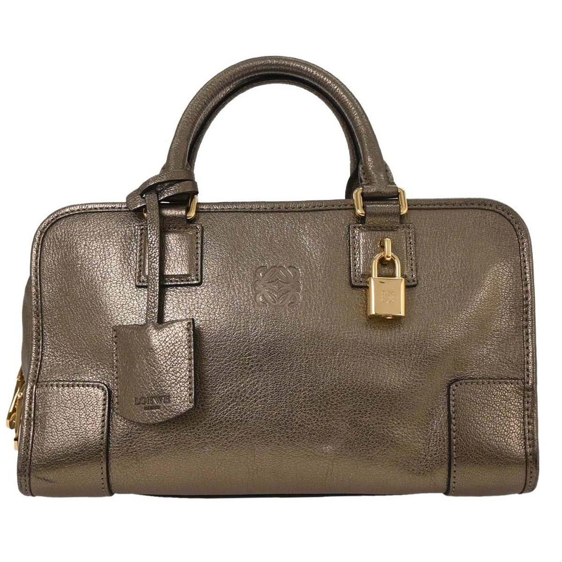 Loewe Amazona 28 Gold Leather Handbag with Double Handles: Loewe Amazona 28 Gold Leather Handbag with Double Handles Introducing the Loewe Gold Amazona 28 Handbag, a stunning blend of elegance and functionality. This medium-sized top handle bag, crafted from