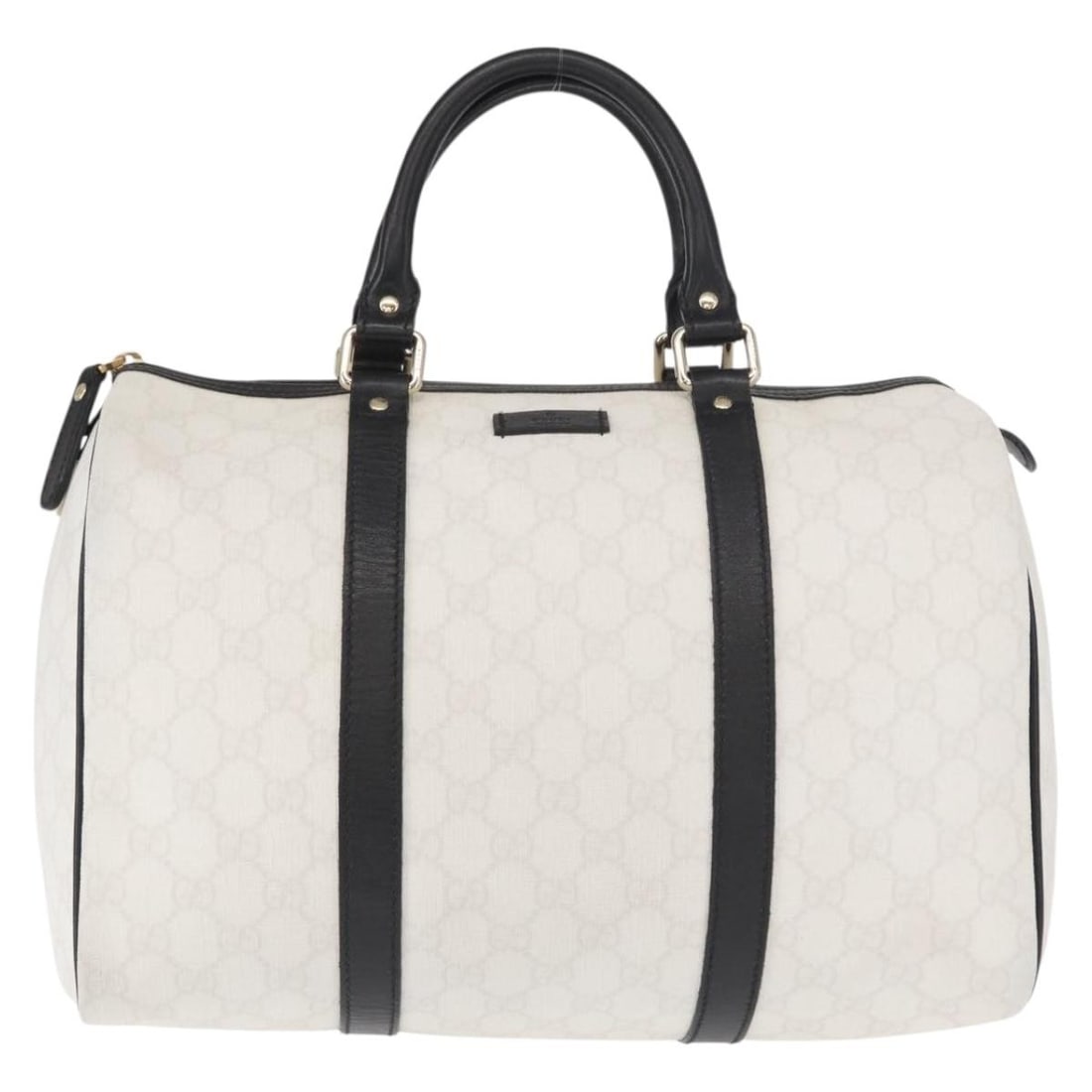 White PVC Gucci Joy Boston Purse 30cm by 20cm by 18cm: White PVC Gucci Joy Boston Purse 30cm by 20cm by 18cm This Gucci Joy Boston Bag is crafted from white PVC with GG canvas detailing, designed for women. It features a structured silhouette with leather