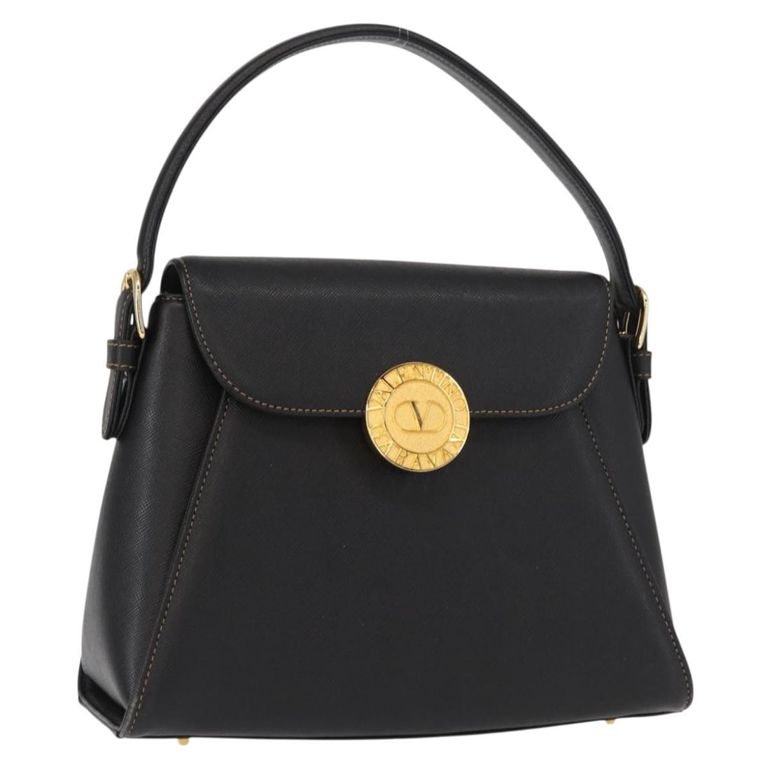 Valentino Leather Black and Gold Handbag with Top Handle: Valentino Leather Black and Gold Handbag with Top Handle This Valentino handbag features a black leather exterior with gold-tone accents. It is designed as a hand bag and comes without the original bo