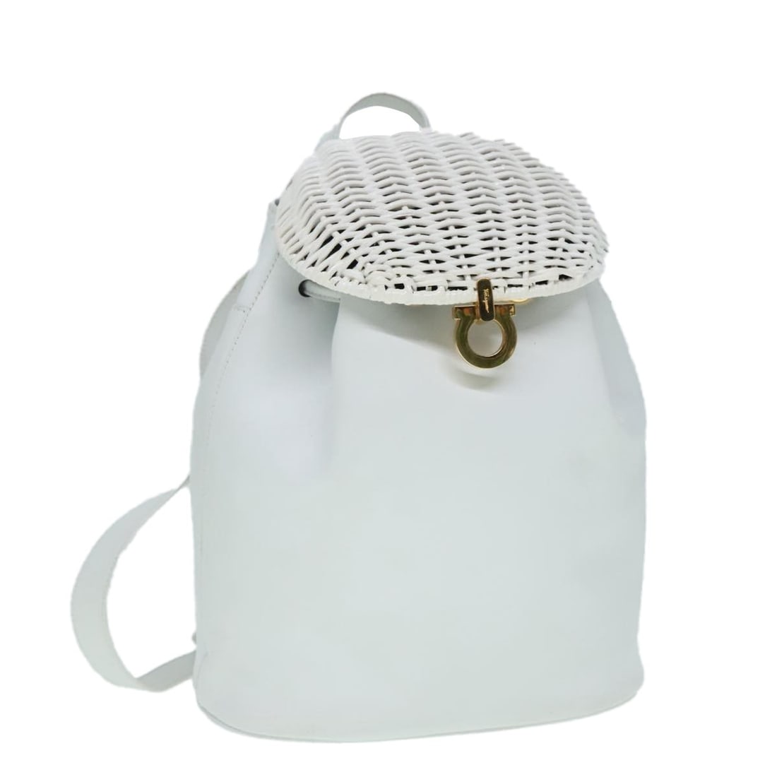 White Leather Gancini Backpack by Salvatore Ferragamo: White Leather Gancini Backpack by Salvatore Ferragamo This Salvatore Ferragamo Gancini backpack is crafted from white leather and designed for women. It features a compact size with dimensions of 22cm