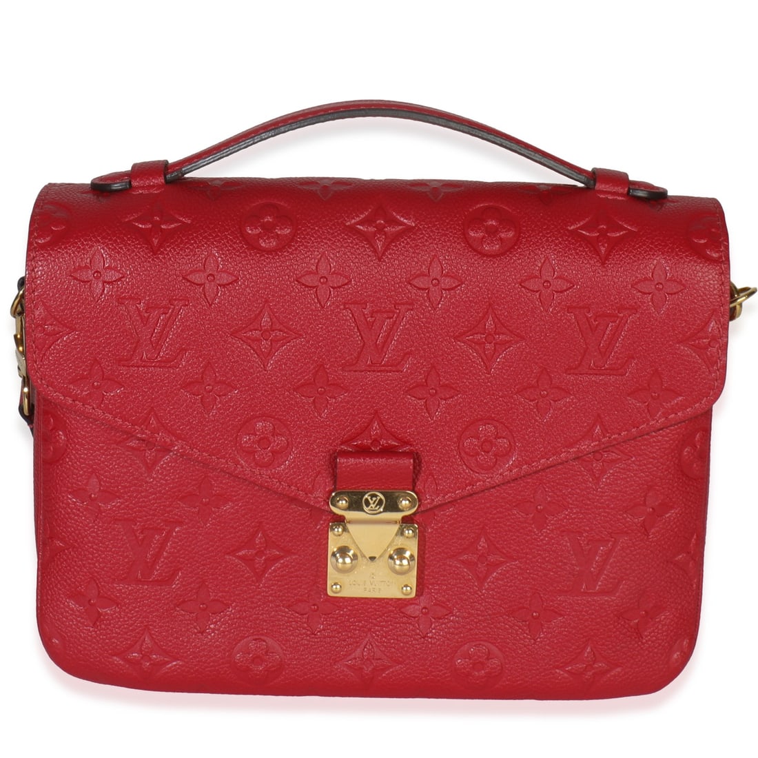 Red Leather Pochette Metis Shoulder Bag by Louis Vuitton with Removable Strap: Red Leather Pochette Metis Shoulder Bag by Louis Vuitton with Removable Strap This Louis Vuitton Pochette Metis is crafted in scarlet red Monogram Empreinte leather with gold-tone hardware. The versat