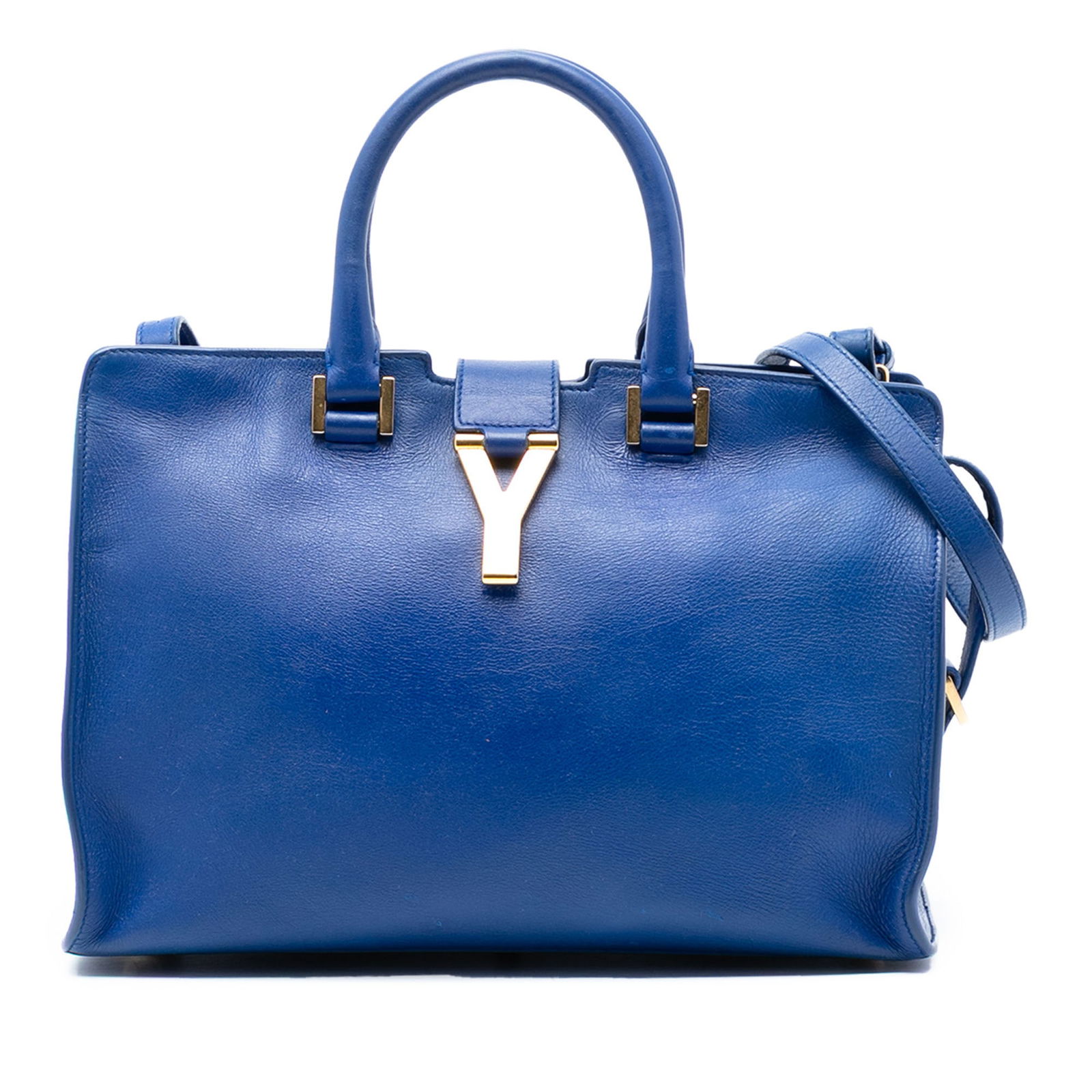 Saint Laurent Cabas Chyc Small Blue Leather Satchel with Strap: Saint Laurent Cabas Chyc Small Blue Leather Satchel with Strap This Saint Laurent Small Calfskin Cabas Chyc Satchel features a blue leather body with rolled leather handles and a detachable flat leath
