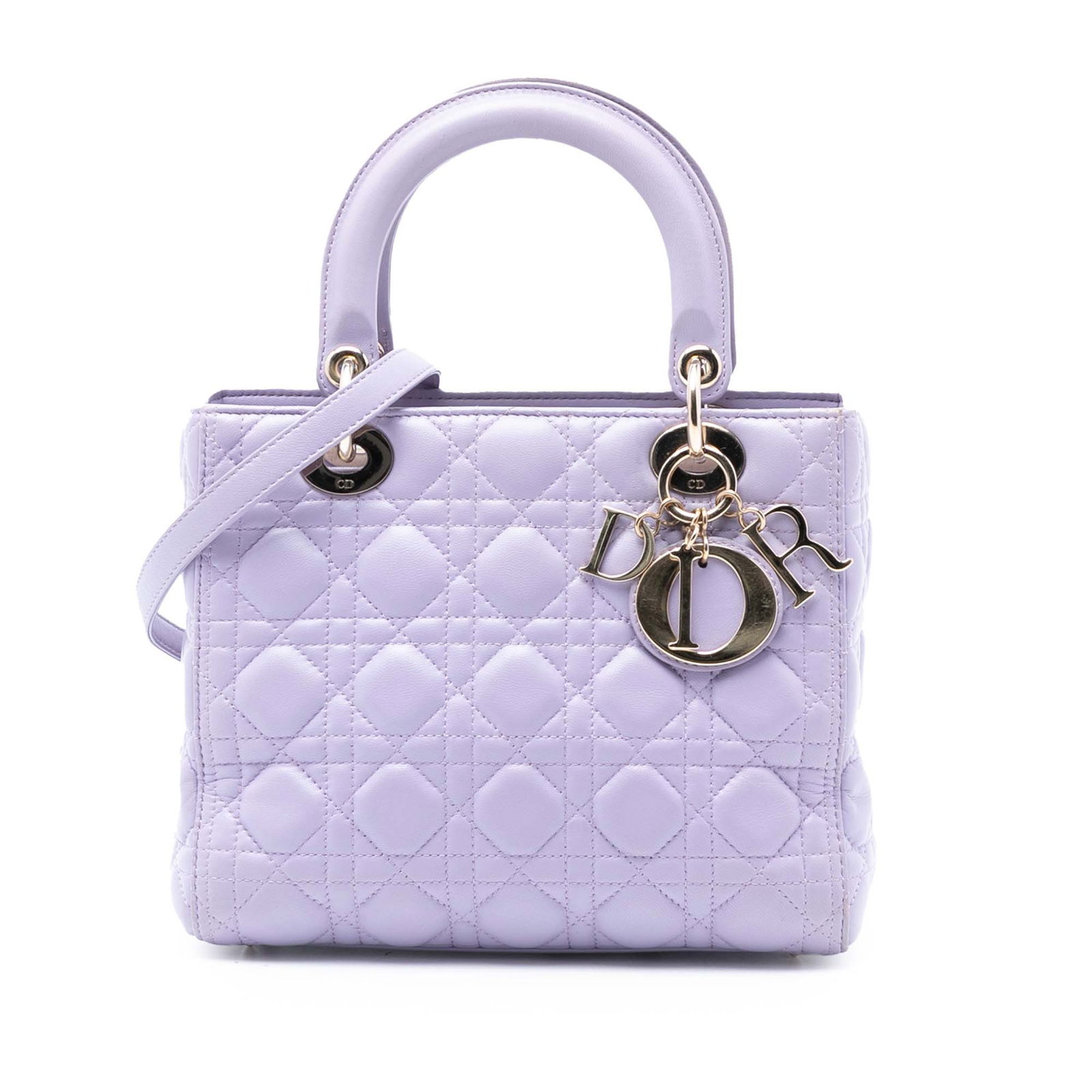 Dior Lady Dior Medium Purple Quilted Lambskin Bag with Detachable Strap: Dior Lady Dior Medium Purple Quilted Lambskin Bag with Detachable Strap This Lady Dior handbag showcases Dior's signature quilted leather design in a striking purple color. It features flat leather ha