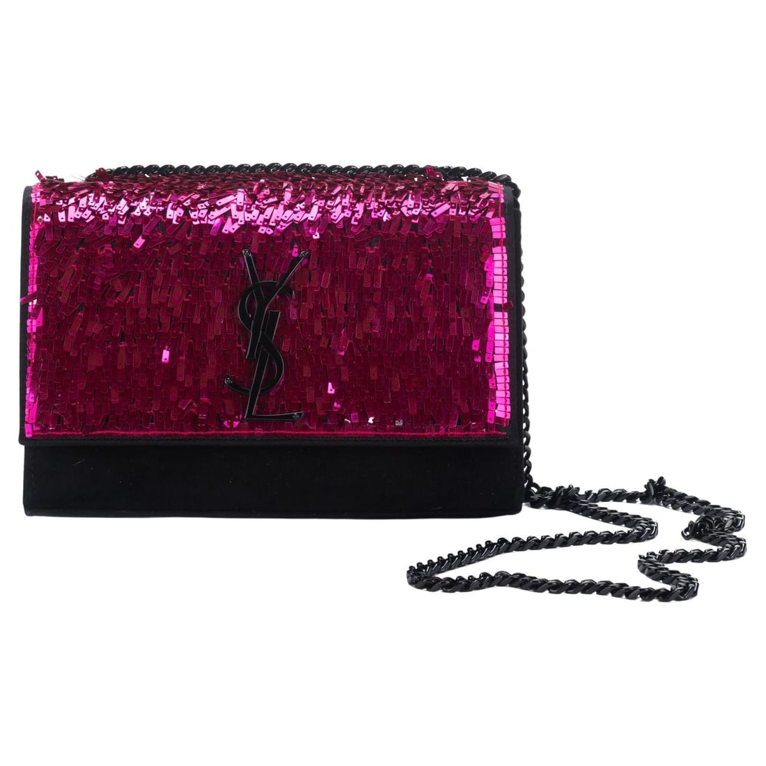 Yves Saint Laurent Fuchsia Sequin Black Suede Crossbody Bag: Yves Saint Laurent Fuchsia Sequin Black Suede Crossbody Bag Elevate your evening style with this stunning Yves Saint Laurent handbag. Crafted from luxurious black suede and adorned with vibrant fuchsi