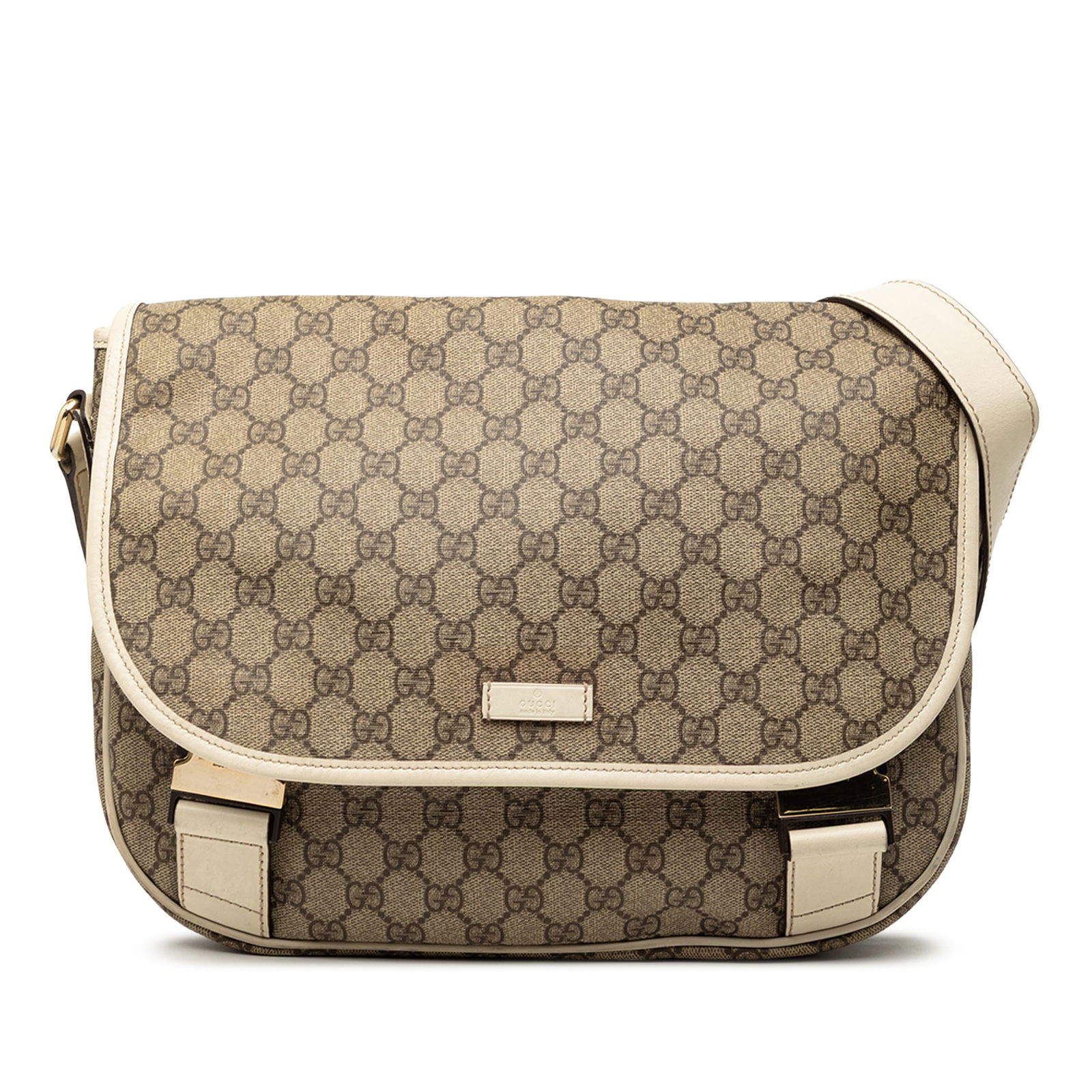 Gucci GG Supreme Brown Canvas Crossbody Bag with Leather Trim: Gucci GG Supreme Brown Canvas Crossbody Bag with Leather Trim This Gucci GG Supreme Crossbody bag features a durable coated canvas body with leather trim and an adjustable flat strap for comfortable w