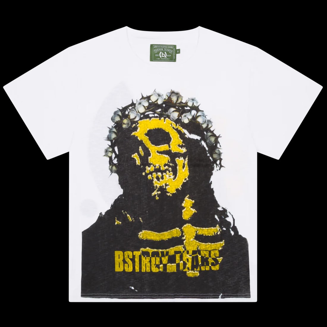 White Cotton Small T Shirt Featuring Tears Crown From Denim Tears Bstroy: White Cotton Small T Shirt Featuring Tears Crown From Denim Tears Bstroy This authentic Denim Tears Bstroy Tears Crown tee is crafted from cotton and features a white colorway. It is an un-used, unwor