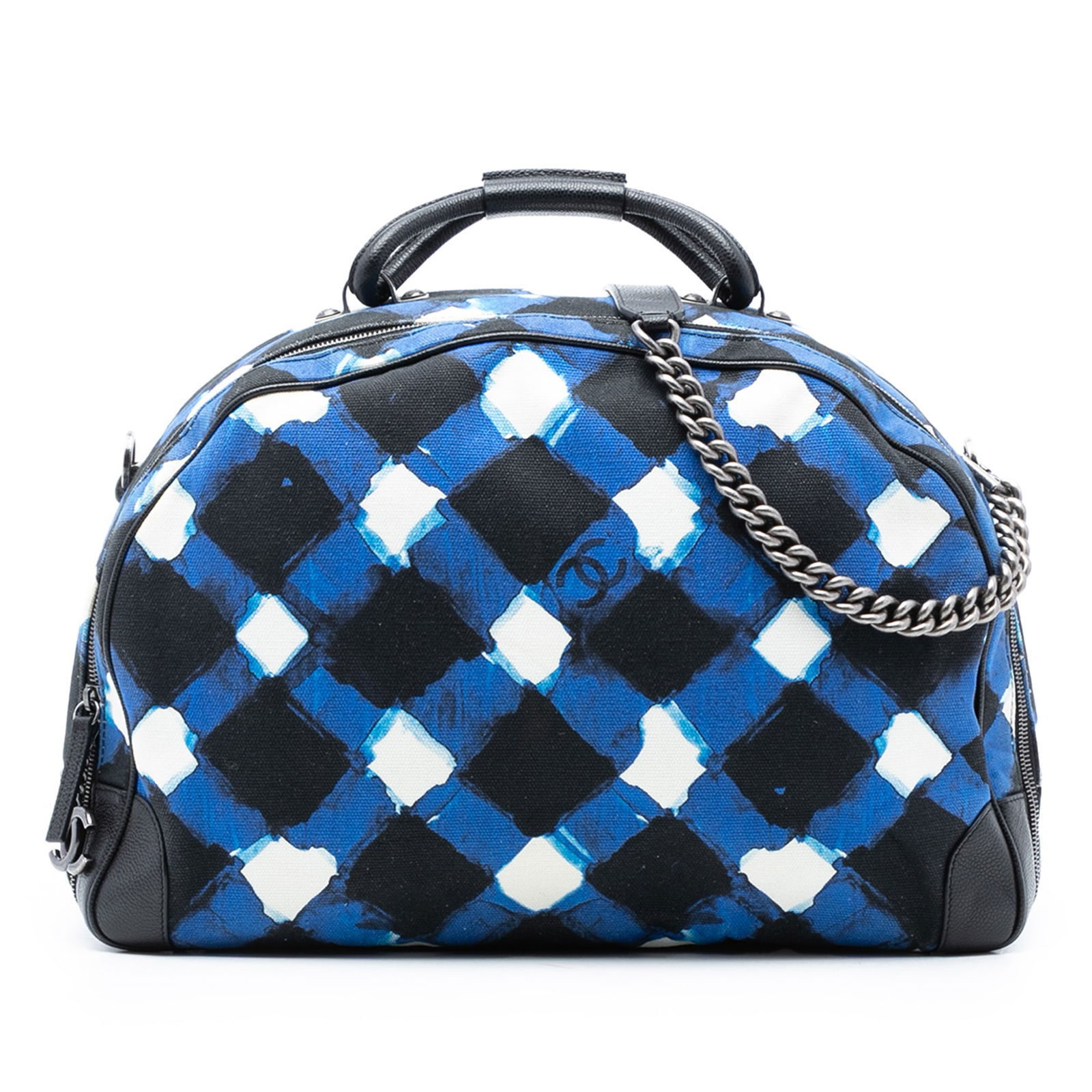 Chanel Airlines Round Trip Travel Bag Printed Canvas and Caviar Leather: Chanel Airlines Round Trip Travel Bag Printed Canvas and Caviar Leather This Chanel travel bag features a printed canvas body with flat leather handles and a detachable chain link strap. It is designe