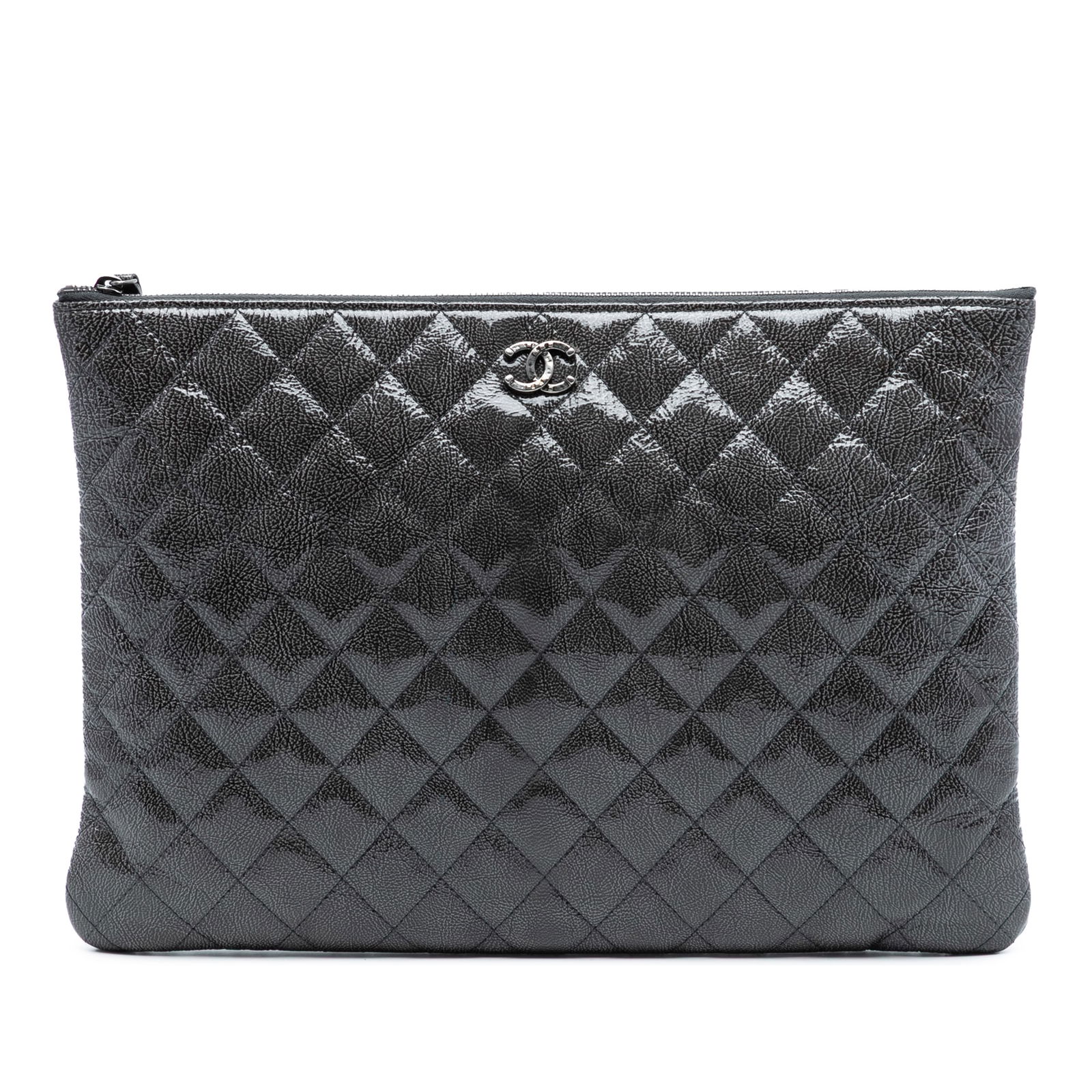 Chanel Iridescent Black Patent Leather Quilted O Case Large Clutch Bag: Chanel Iridescent Black Patent Leather Quilted O Case Large Clutch Bag This Chanel clutch bag features a large, quilted, iridescent patent leather exterior in black with a top zip closure. The item is