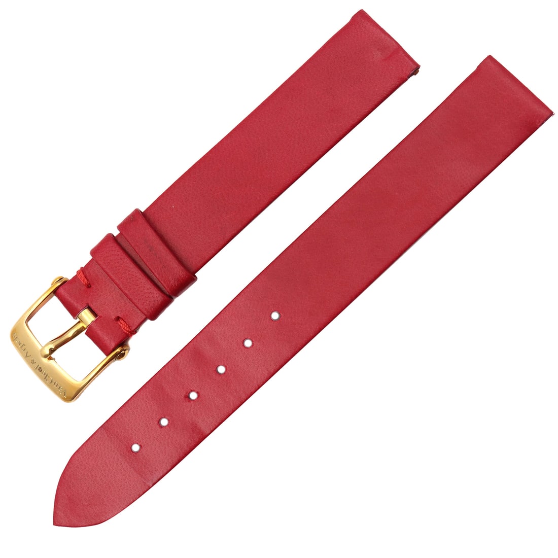 Van Cleef & Arpels 14mm Red Leather Watch Band with Gold Plated Buckle: Van Cleef & Arpels 14mm Red Leather Watch Band with Gold Plated Buckle This exquisite Van Cleef & Arpels watch band features a striking 14mm red leather design, perfect for enhancing your wristwatch w