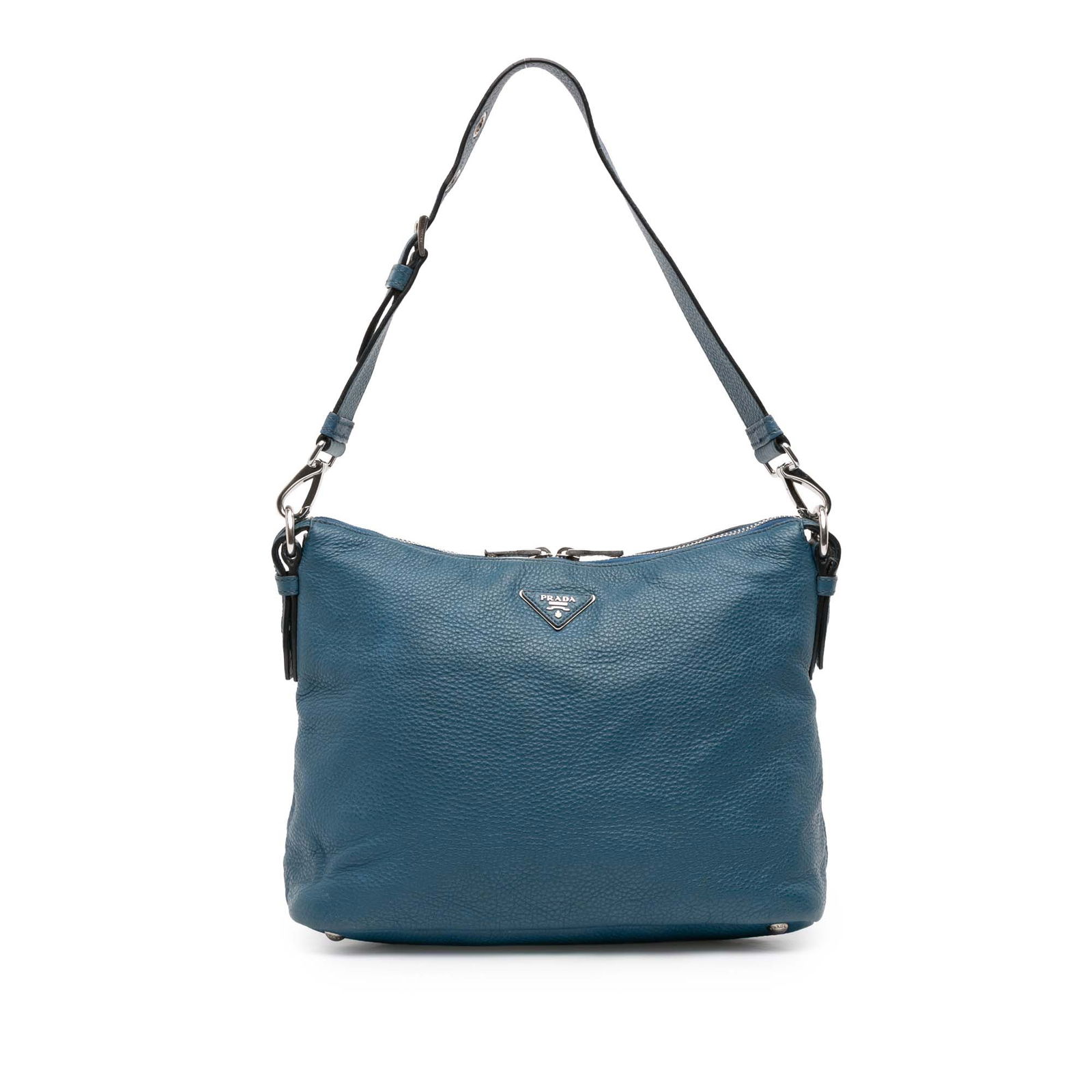 Prada Vitello Daino Blue Leather Shoulder Bag: Prada Vitello Daino Blue Leather Shoulder Bag Introducing the Prada Vitello Daino Shoulder Bag, a stylish and functional accessory crafted from high-quality leather. This bag features an adjustable fl