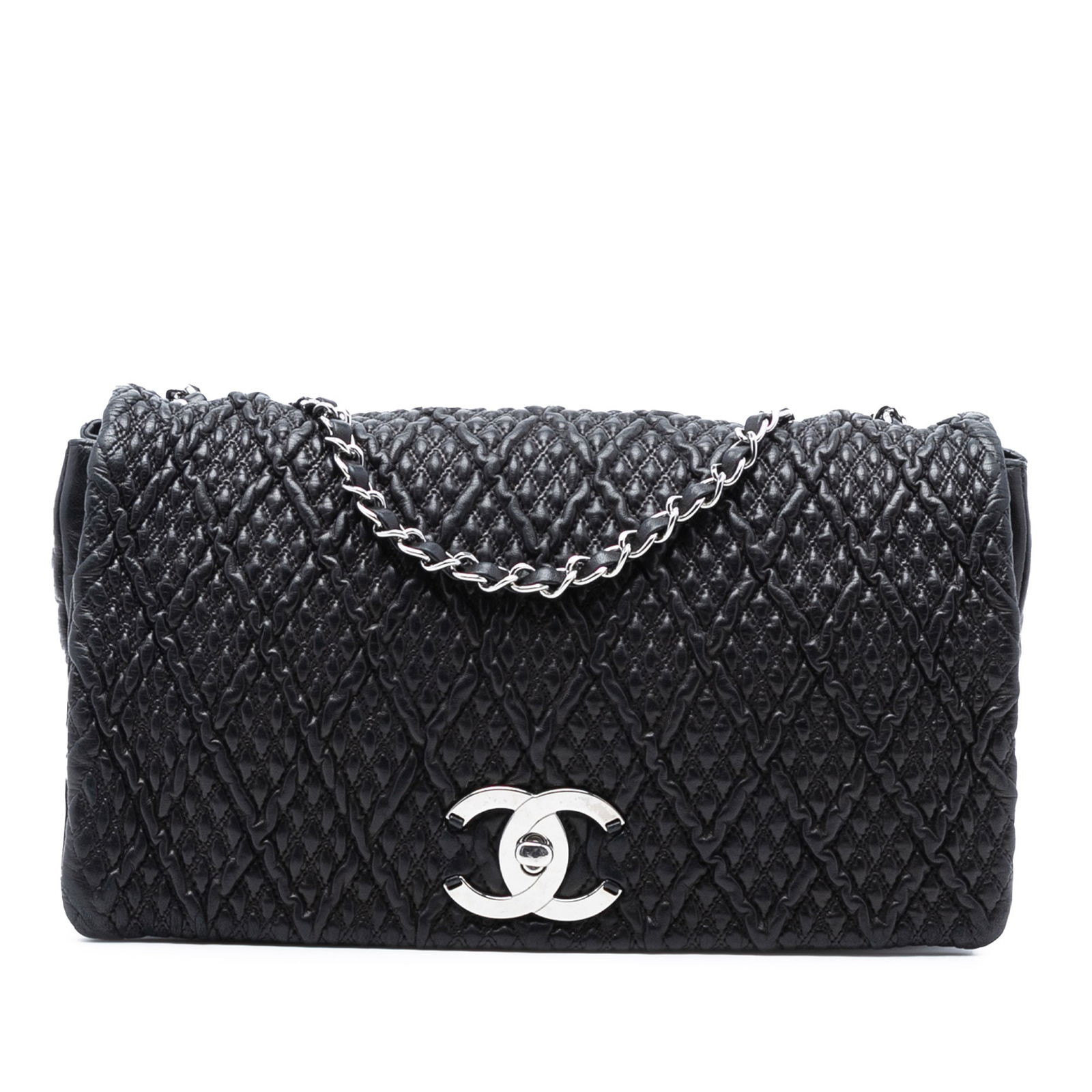 Black Leather CC Quilted Astrakhan Flap Bag with Chain Strap: Black Leather CC Quilted Astrakhan Flap Bag with Chain Strap This Chanel CC Quilted Astrakhan Single Flap bag is crafted from black lambskin leather and features a leather-woven chain strap, a front f