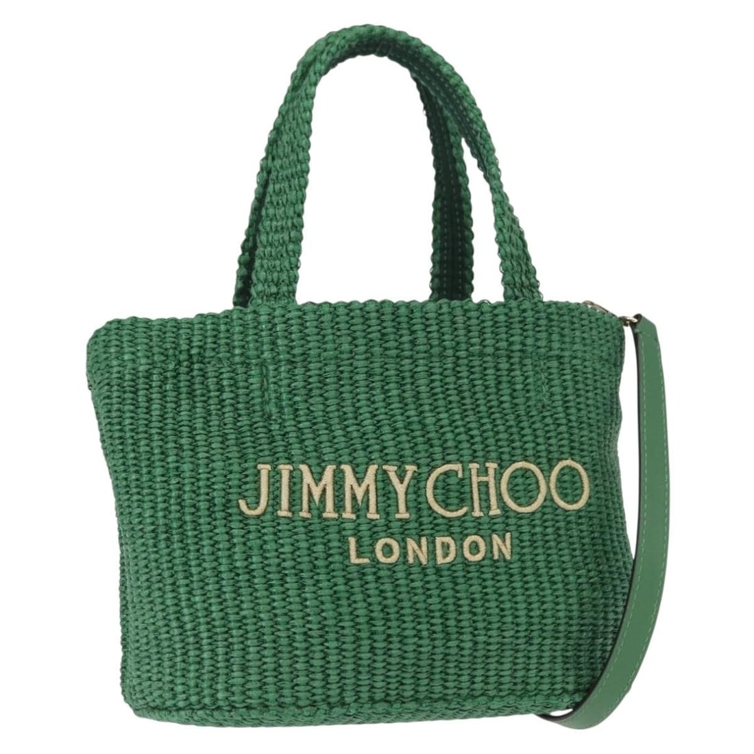 Green and Gold Jimmy Choo Raffia Two Way Handbag with Shoulder Strap: Green and Gold Jimmy Choo Raffia Two Way Handbag with Shoulder Strap This Jimmy Choo 2-way handbag features a green and gold design crafted from wood with raffia detailing. It offers both hand carry a