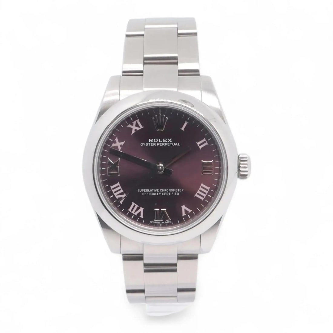 Rolex Oyster Perpetual 31mm Ladies Automatic Watch Purple Sunburst Dial 177200: Rolex Oyster Perpetual 31mm Ladies Automatic Watch Purple Sunburst Dial 177200 This Rolex Oyster Perpetual 31mm ladies wristwatch features a sophisticated burgundy grape sunburst dial with Roman numer