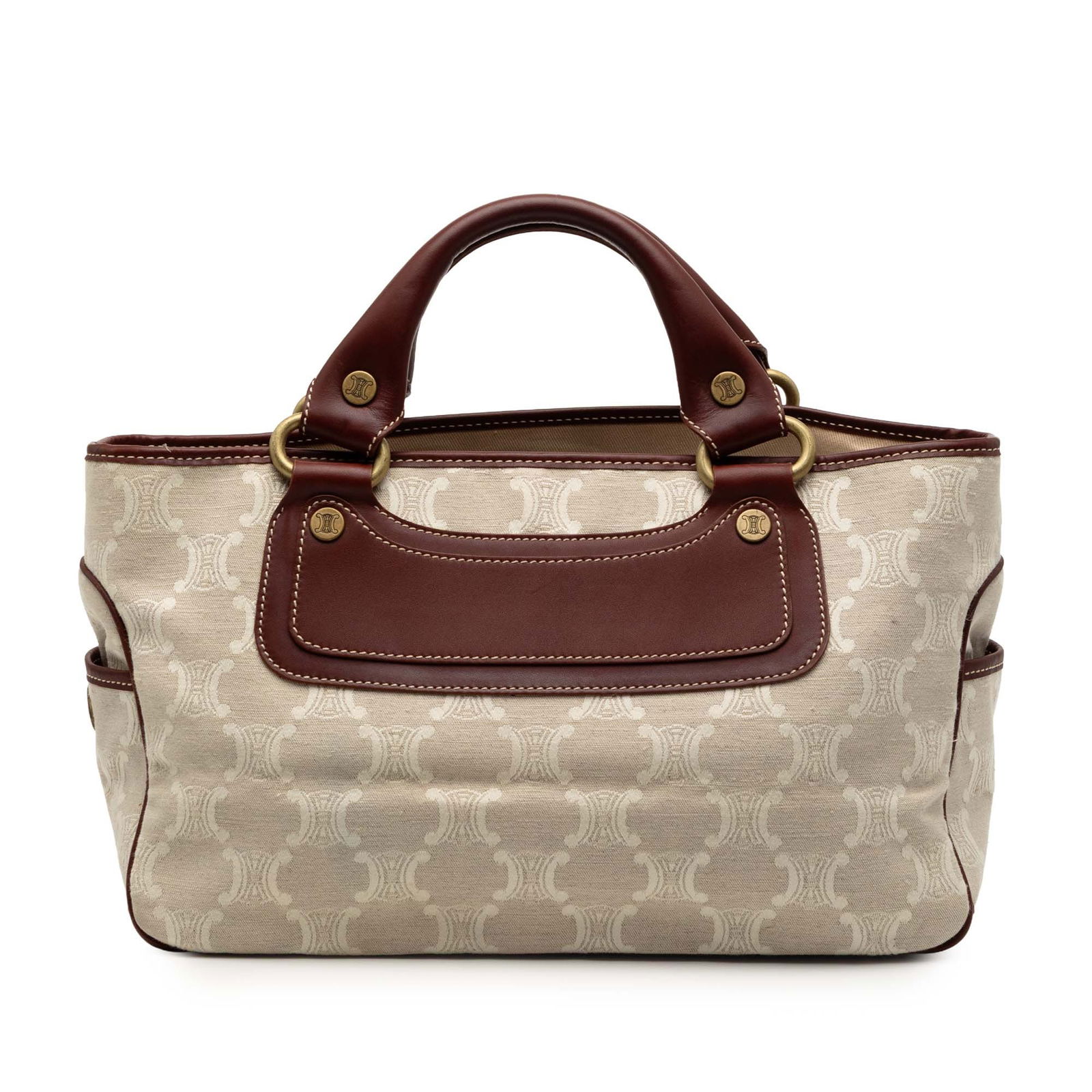 Celine Boogie Bag in Macadam Canvas with Leather Trim: Celine Boogie Bag in Macadam Canvas with Leather Trim This Celine Macadam Canvas Boogie Handbag features a canvas body with leather trim, rolled leather handles, an open top, exterior side slip pocket