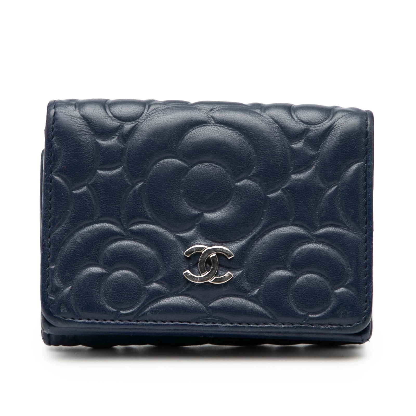 Chanel Camellia Embossed Leather Blue Trifold Compact Wallet (1 of 7)