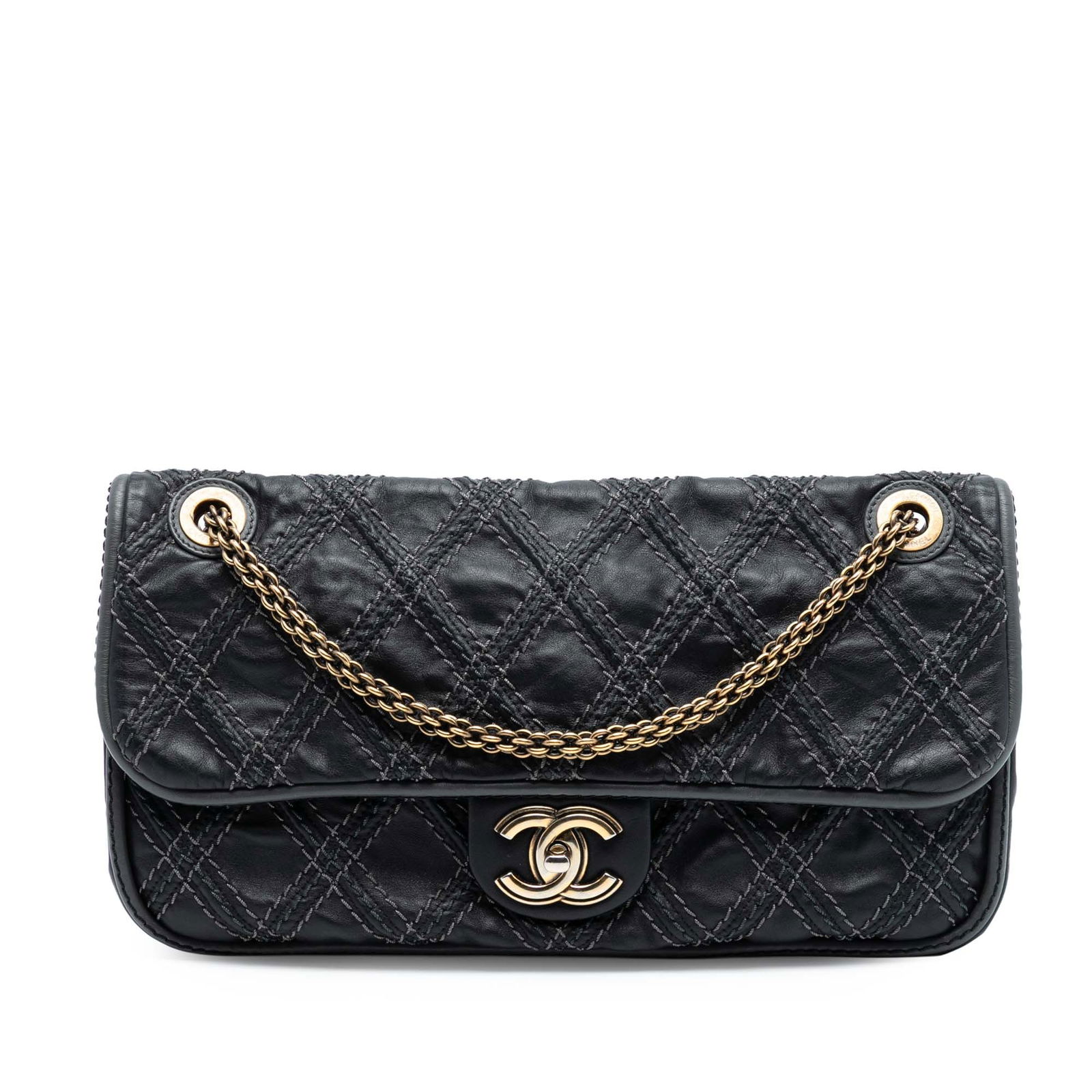 Chanel Paris Bombay Medium Triptych Flap Quilted Leather Shoulder Bag: Chanel Paris Bombay Medium Triptych Flap Quilted Leather Shoulder Bag This Chanel Paris Bombay Medium CC Calfskin Triptych Flap shoulder bag features a quilted gray leather exterior, a gold-tone chain
